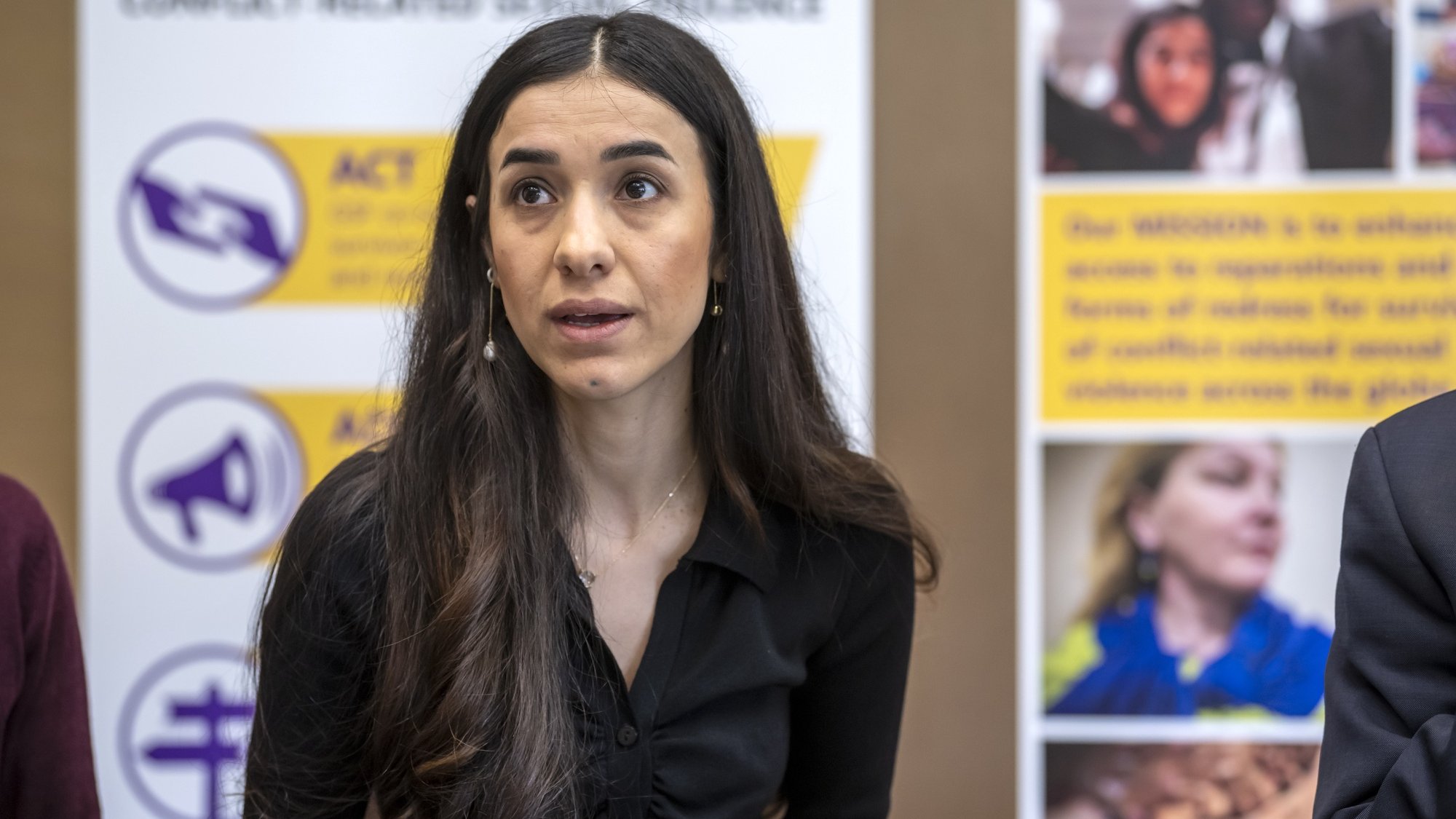 epa09814242 2018 Nobel Peace Prize Laureate Nadia Murad speaks at the Global Fund for Survivors Inauguration and its presentation of the objectives and missions in Geneva, Switzerland, 10 March 2022. The Global Fund for Survivors was created in October 2019 by Nadia Murad and Denis Mukwege to support survivors of conflict-related sexual violence around the world. The Fund&#039;s mission is to provide interim reparation measures where States or those responsible for the crimes committed are unable to do so.  EPA/MARTIAL TREZZINI