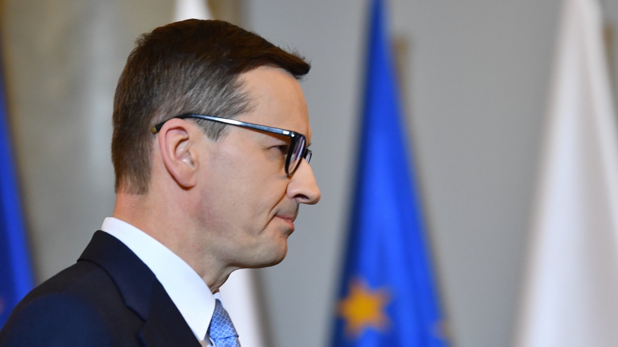 epa09926934 Polish Prime Minister Mateusz Morawiecki during the welcome of the head of the European Council Charles Michel, at the seat of the Chancellery of the Prime Minister in Warsaw, Poland, 04 May 2022. An international donor conference for Ukraine will take place on 05 May in Warsaw. The initiators of the conference are Prime Minister Mateusz Morawiecki and Prime Minister of Sweden Magdalena Andersson, and the partners of the event are the President of the European Council Charles Michel and the President of the European Commission Ursula von der Leyen.  EPA/RADEK PIETRUSZKA POLAND OUT