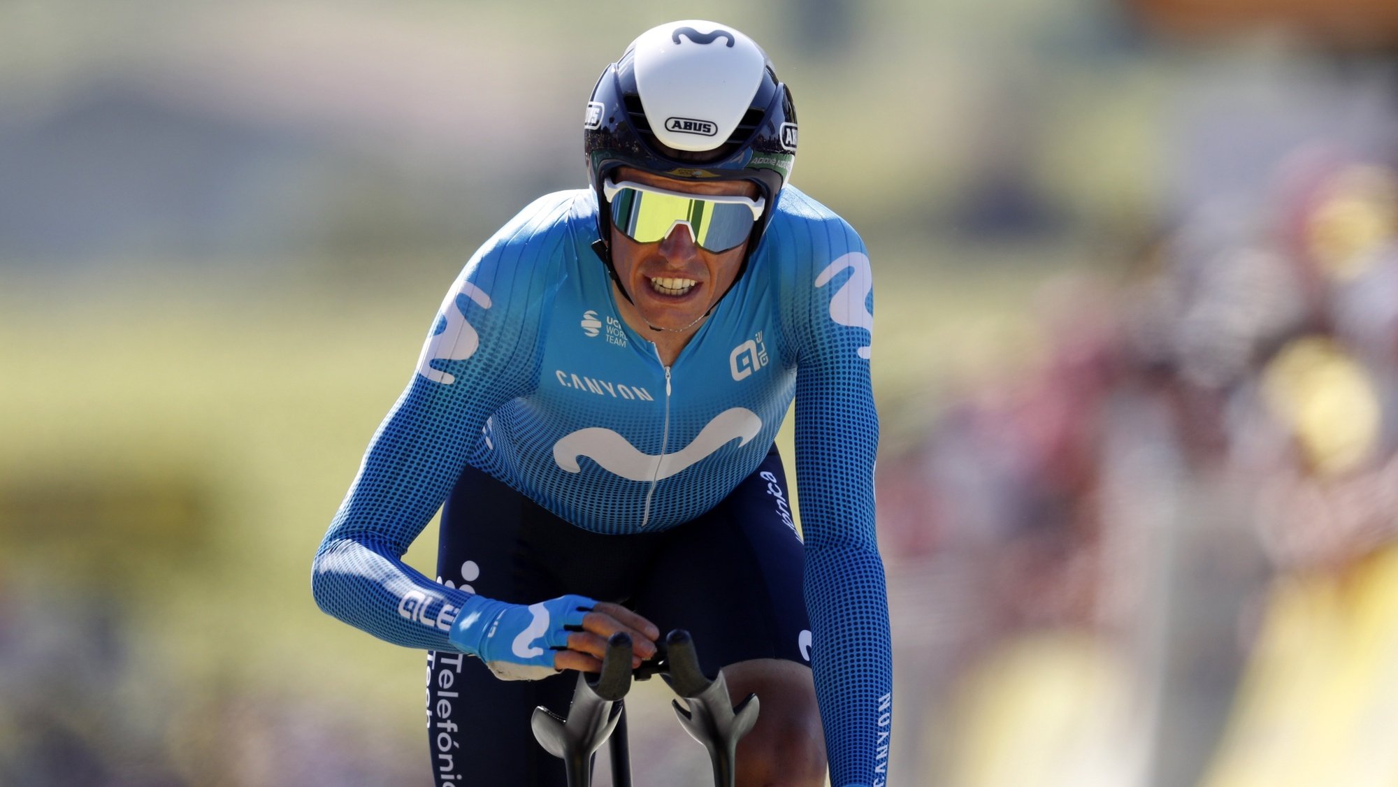 epa09350428 Spanish rider Enric Mas of the Movistar Team reacts as he crosses the finish line during the 20th stage of the Tour de France 2021, a time trial over 30.8 km from Libourne to Saint Emilion, France, 17 July 2021.  EPA/GUILLAUME HORCAJUELO