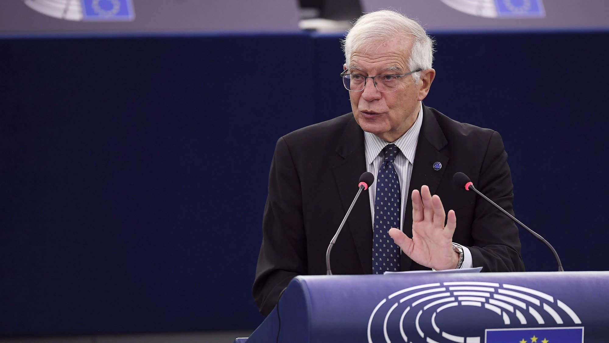 epa09506548 European Union High Representative for Foreign Affairs and Security Policy Josep Borrell delivers a speech during a debate on the future of EU-US relations as part of a plenary session at the European Parliament in Strasbourg, France, 05 October 2021.  EPA/FREDERICK FLORIN / POOL