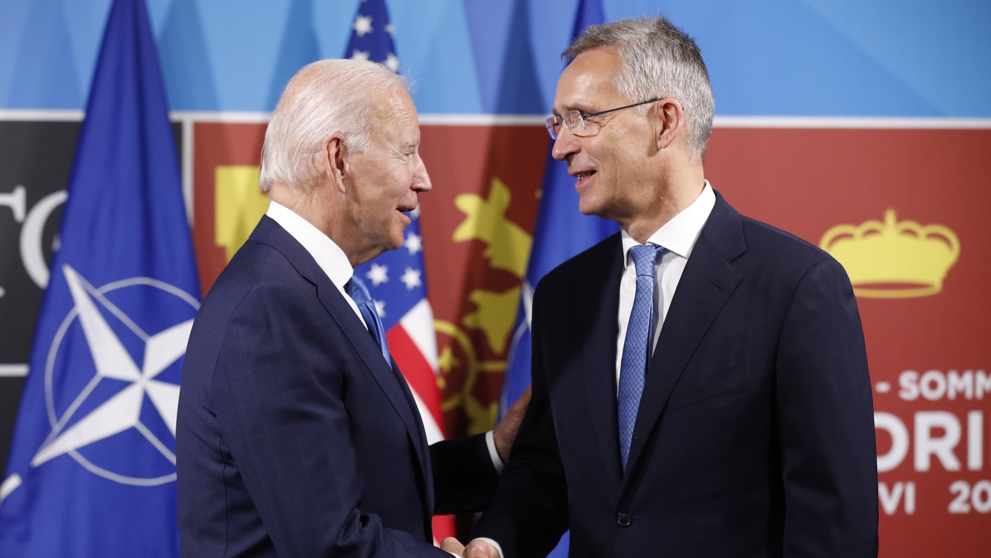 epa10040330 NATO Secretary-General, Jens Stoltenberg (R), shakes hands with US President, Joe Biden (L), during their bilateral meeting held on the first day of the NATO summit at IFEMA congress centre in Madrid, Spain, 29 June 2022. Heads of State and Government of NATO&#039;s member countries and key partners are gathering in Madrid from 29 to 30 June to discuss security concerns like Russia&#039;s invasion of Ukraine and other challenges. Spain is hosting 2022 NATO Summit coinciding with the 40th anniversary of its accession to NATO.  EPA/LAVANDEIRA JR.