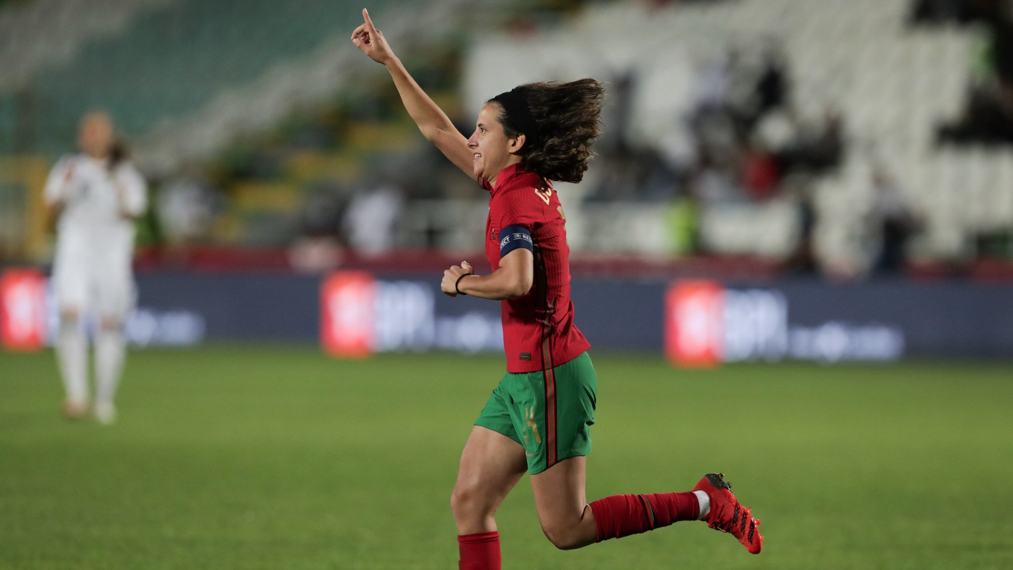 Portuguese soccer player Dolores Silva celebrates after scoring a goal against Serbia during their qualifying match to Women&#039;s World Championship, at the Bonfim stadium in Setubal, Portugal, 21th October 2021. TIAGO PETINGA/LUSA