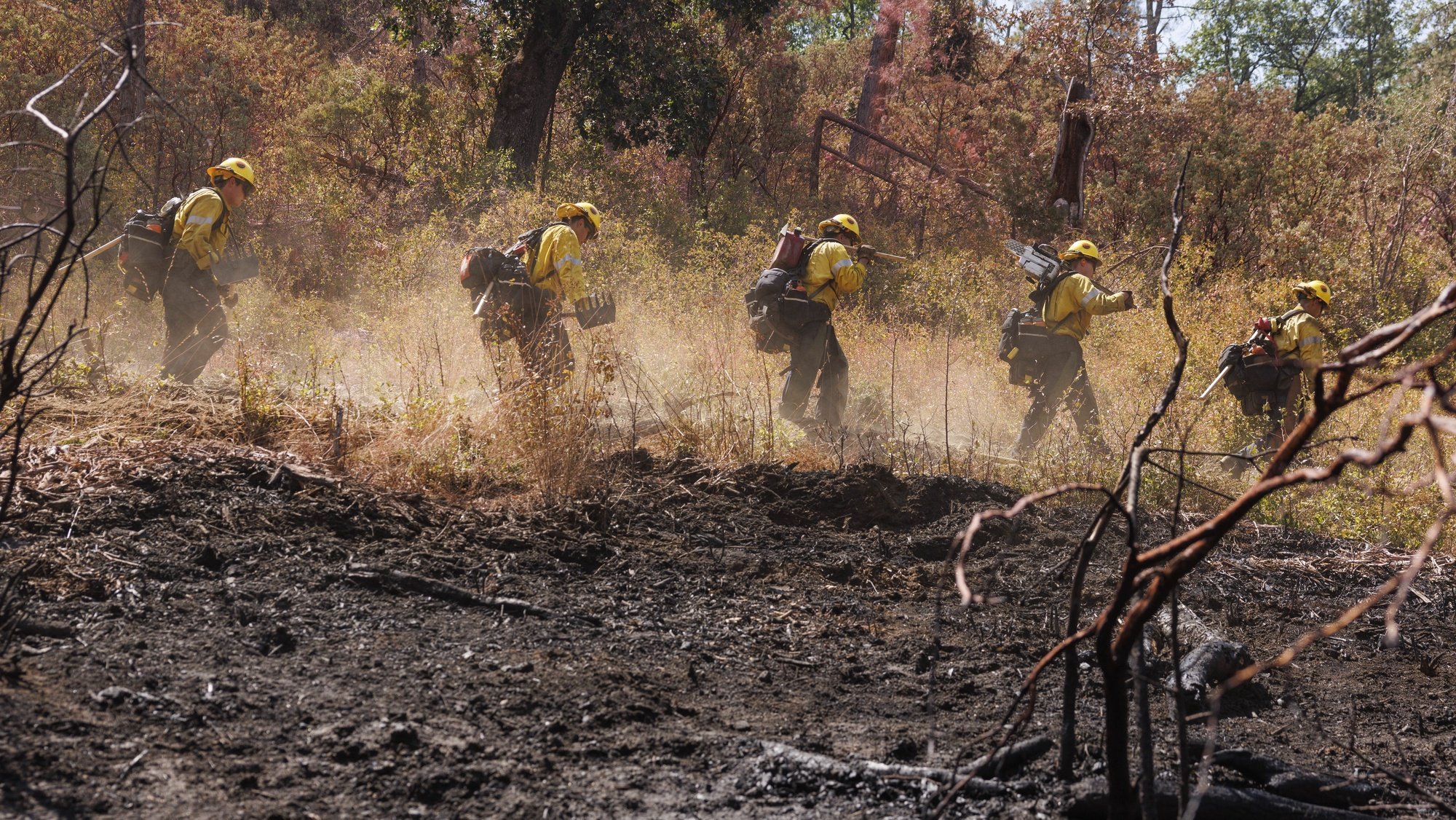 epa10090254 Firefighters hike in on a fire line to mop-up and contain the Oak Fire which began on the edge of Yosemite National Park in the afternoon of 22 July, 2022 and rapidly expanded to more than 14,250 acres (5766 hectares) on the third day according to CalFire in Midpines, California, USA, 24 July 2022. Thousands of evacuations have been ordered as the fire continues to grow with zero percent containment.  EPA/PETER DA SILVA