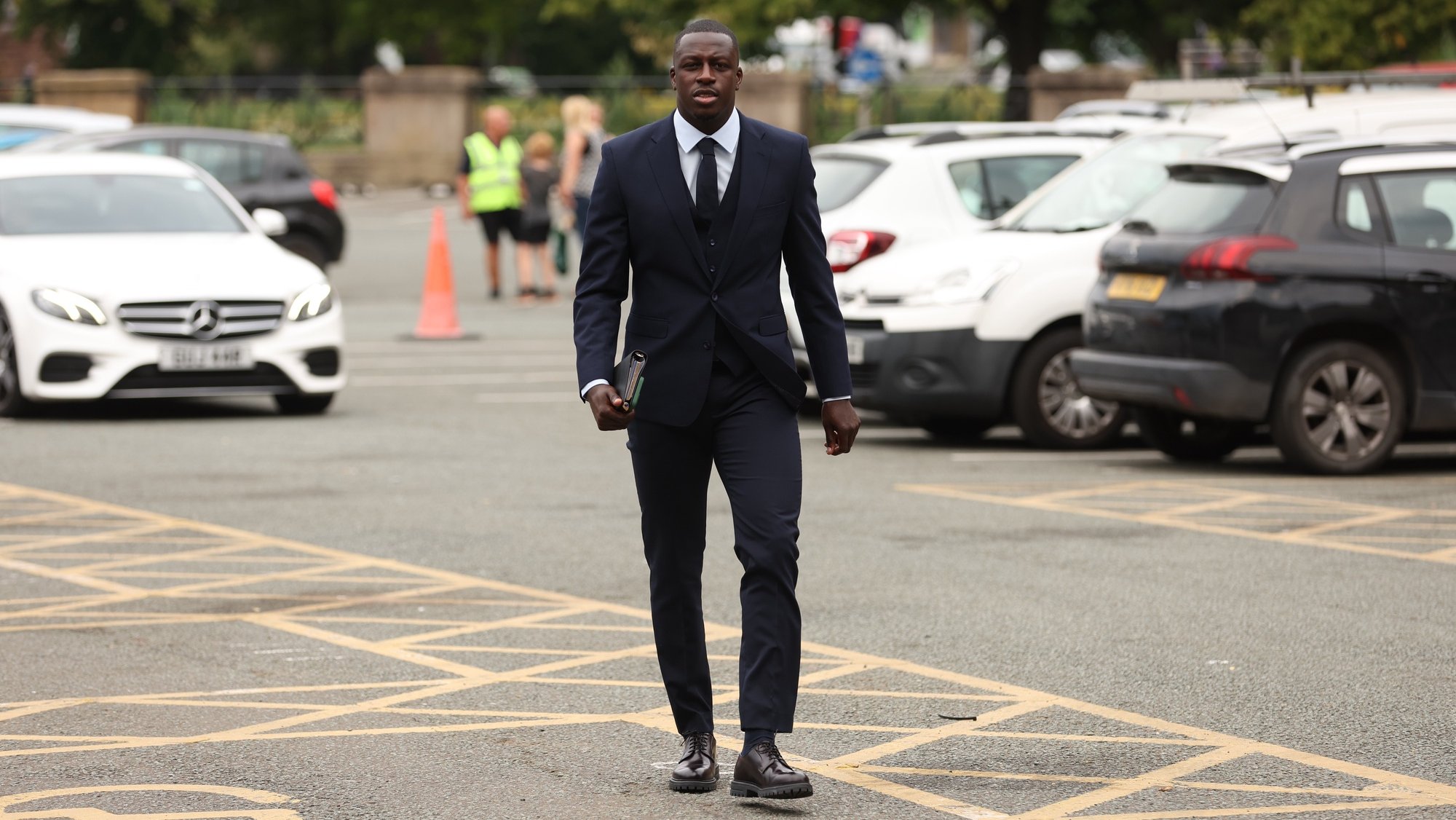 epa10121812 Manchester City and France international soccer player Benjamin Mendy arrives at Chester Crown Court, Chester, Britain, 15 August 2022. Mendy is facing trial for eight counts of rape, one count of sexual assault and one count of attempted rape, relating to seven women, all of which he denies and has pleaded not guilty to all counts.  EPA/PAUL CURRIE