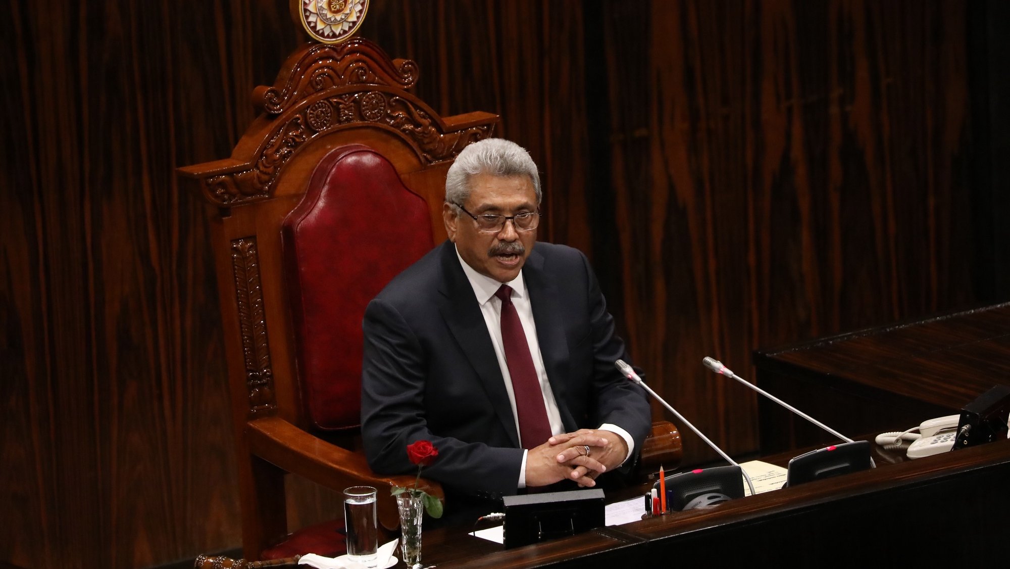 epa10062147 (FILE) - Sri Lankan President Gotabaya Rajapaksa addresses the parliament during ceremonial inauguration of the first session of the 9th parliament in Colombo, Sri Lanka, 20 August 2020 (reissued 09 July 2022). Sri Lankan President Rajapaksa on 09 July 2022 has agreed to resign on 13 July, the parliament&#039;s speaker said in a statement after a party leaders&#039; meeting. Thousands of protesters broke through police barricades and stormed the president&#039;s official residence during anti-government protest in Colombo. Violent protests have been rocking the country for months over the government&#039;s alleged failure to address the worst economic crisis in decades.  EPA/CHAMILA KARUNARATHNE *** Local Caption *** 56285692