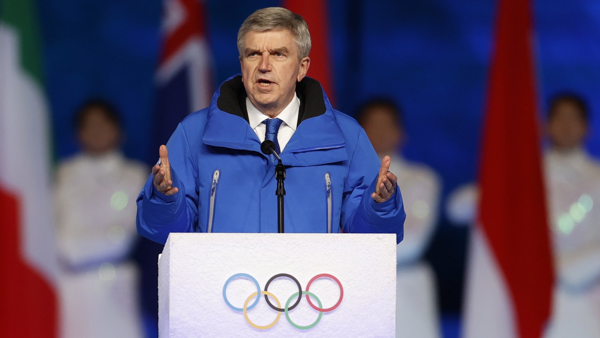 epa09774160 International Olympic Committee (IOC) President Thomas Bach delivers his speech during the Closing Ceremony for the Beijing 2022 Olympic Games at the National Stadium, also known as Bird&#039;s Nest, in Beijing China, 20 February 2022.  EPA/ROMAN PILIPEY