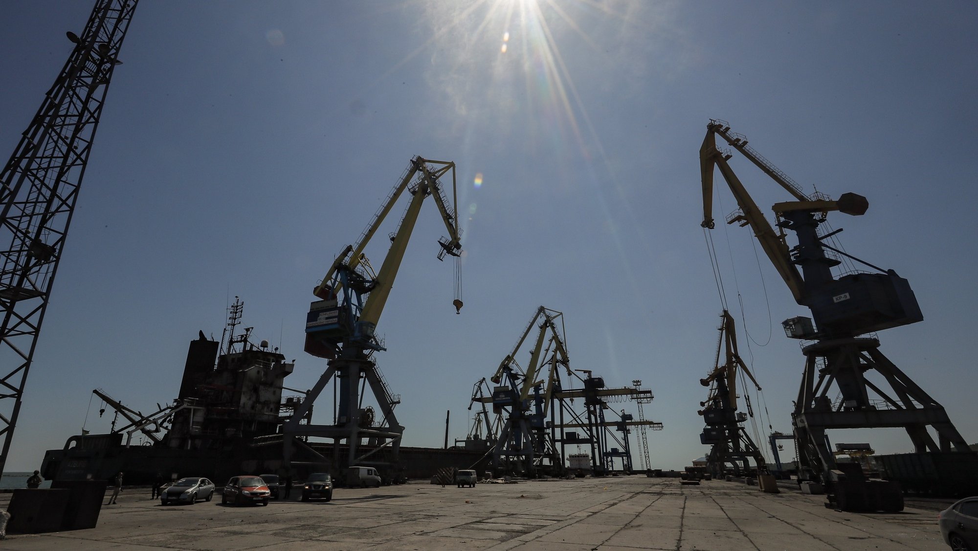epa09917611 A picture taken during a visit to Mariupol organized by the Russian military shows the cargo sea port in Mariupol, Ukraine, 29 April 2022. Mariupol is located on the northern coast of the Sea of Azov, it is one of the largest commercial seaports in Ukraine. Almost 500 thousand people previously lived in the city. On 16 April, the Russian Defense Ministry announced that the urban area of Mariupol had been cleared of the Ukrainian military, and their remnants were completely blocked on the territory of the Azovstal metallurgical plant. On 24 February Russian troops had entered Ukrainian territory in what the Russian president declared a &#039;special military operation&#039;, resulting in fighting and destruction in the country, a huge flow of refugees, and multiple sanctions against Russia.  EPA/SERGEI ILNITSKY