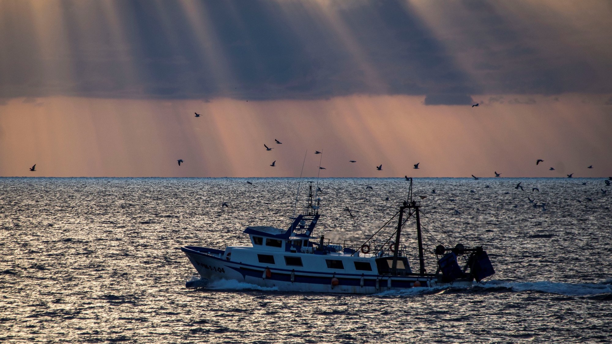 epa08841835 A fishing boat returns ashore at sunset in Andraxt, Balearic Islands, Spain, 25 November 2020.  EPA/CATI CLADERA