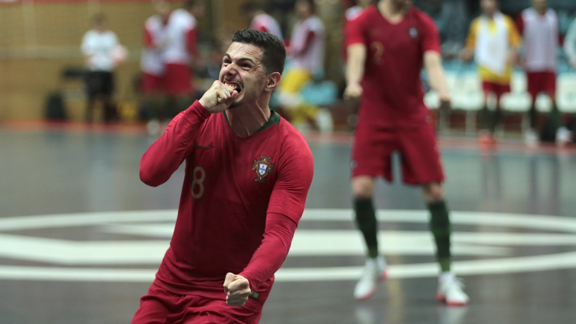Portugal&#039;s Bruno Coelho celebrates after scoring a goal against Finland during their qualifying match for the World Cup Indoor Soccer 2020, Municipal Pavilion, Povoa de Varzim, Portugal 31th January 2020. MANUEL FERNANDO ARAUJO/LUSA