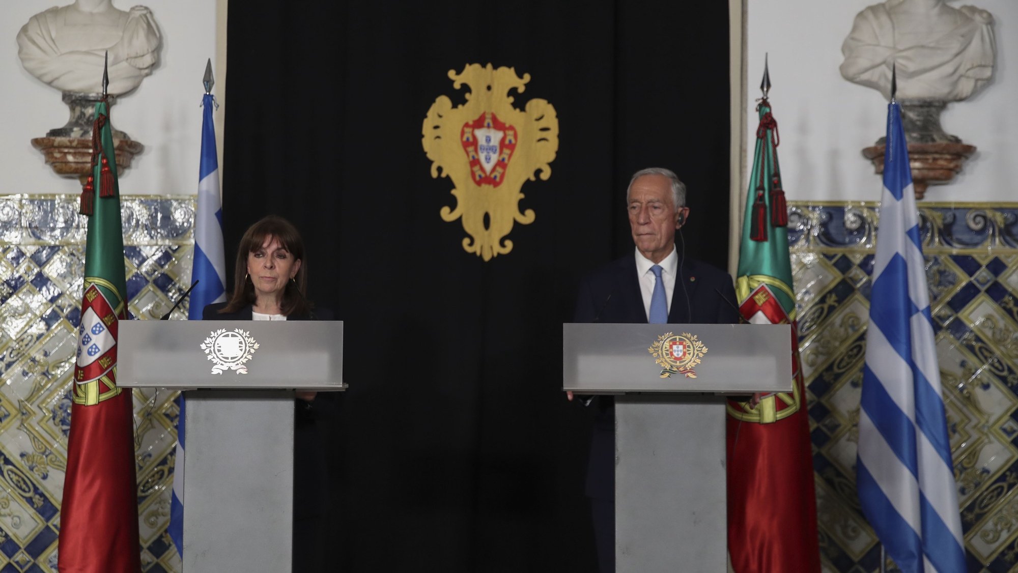 Greek President Katerina Sakellaropoulou (L) and President of Portugal Marcelo Rebelo de Sousa during a press conference at Belem Palace, in Lisbon, Portugal, 28 March 2022. Katerina Sakellaropoulou is on a three days official visit in Lisbon. ANTONIO COTRIM/LUSA