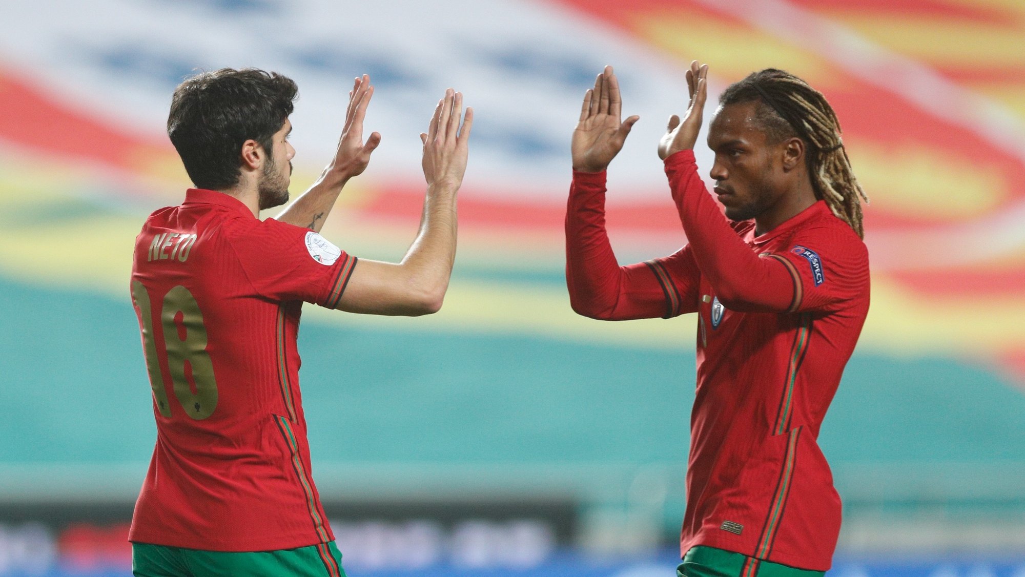 Portugal national team player Pedro Neto (L)  celebrates with Renato Sanches after scoring 1-0 lead during the friendly soccer match between Portugal and Andorra, held at Luz stadium in Lisbon, Portugal, 11 November 2020, ANTONIO COTRIM/LUSA
