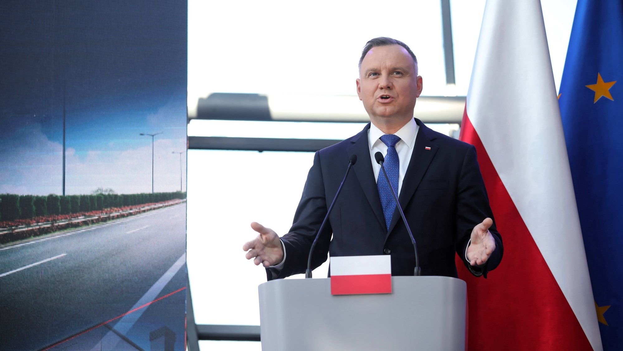 epa09992265 Polish President Andrzej Duda speaks during a joint press conference with Polish Prime Minister Mateusz Morawiecki and President of EU Commission Ursula von der Leyen at the Polish electricity transmission system operator PSE S.A. headquarters in Konstancin-Jeziorna, near Warsaw, Poland, 02 June 2022. Von der Leyen visits Poland after the European Commission approved the country&#039;s National Recovery Plan (KPO).  EPA/LESZEK SZYMANSKI POLAND OUT