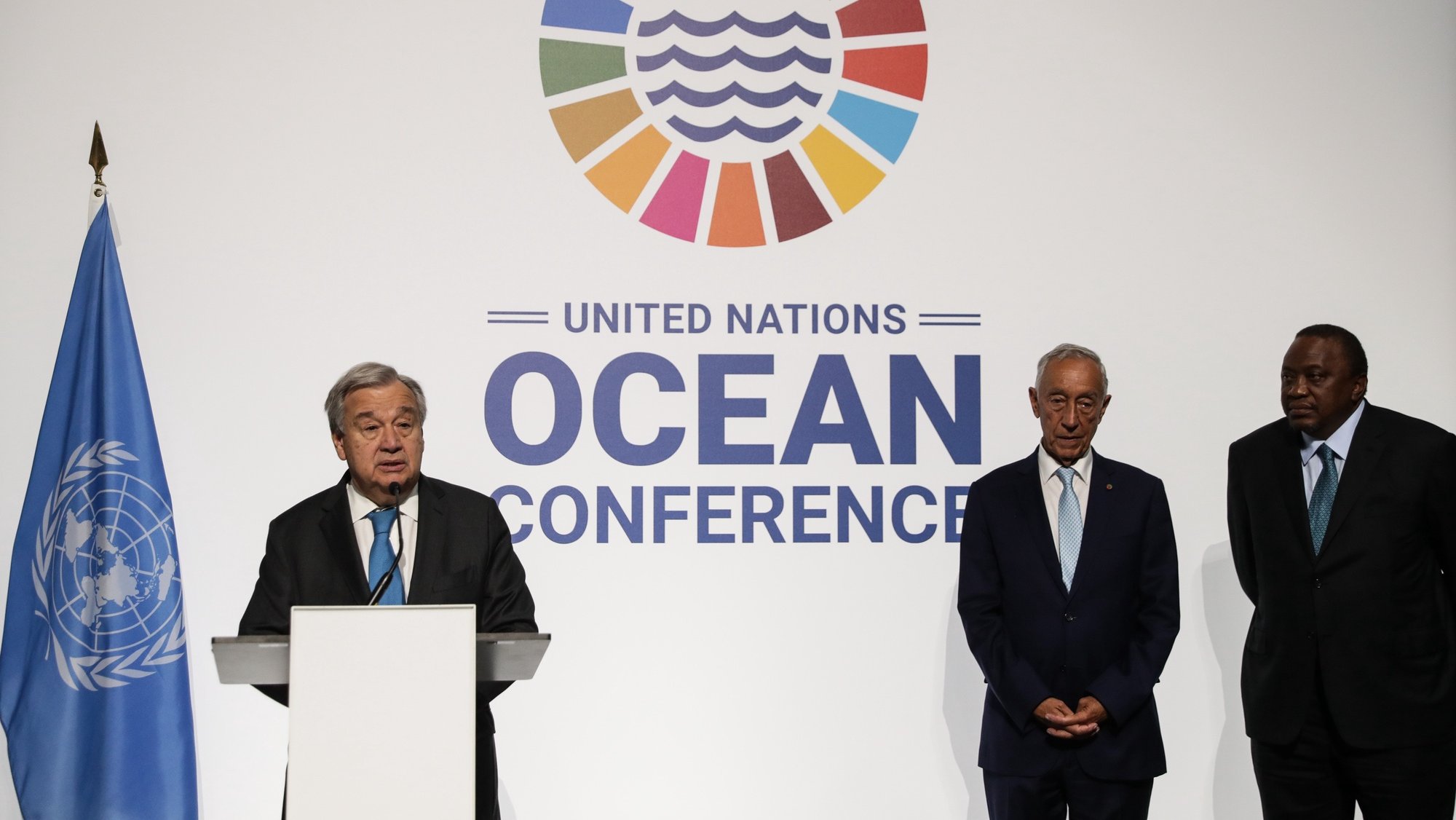 United Nations general secretary Antonio Guterres (L) together Portuguese President Marcelo Rebelo de Sousa (C) and Kenya President Uhuru Kenyatta (R) during the press conference of the opening of UN Ocean Conference plenary session at Lisbon, 27th june 2022. TIAGO PETINGA/LUSA