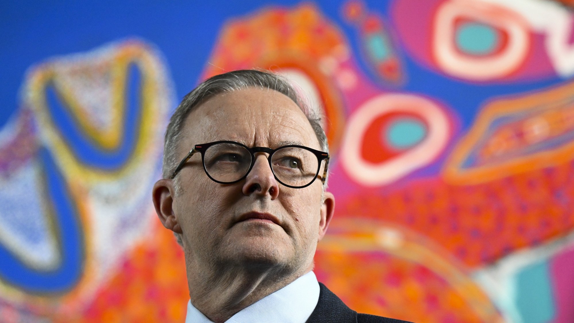 epa10046778 Australian Prime Minister Anthony Albanese looks at artwork during the official opening of the exhibition of Aboriginal artist Mirdidingkingathi Juwarnda Sally Gabori at the Cartier Foundation in Paris, France, 01 July 2022. Australian Prime Minister Albanese is in France on a two-day official visit in a bid to repair the relationship with French President Emmanuel Macron.  EPA/LUKAS COCH AUSTRALIA AND NEW ZEALAND OUT