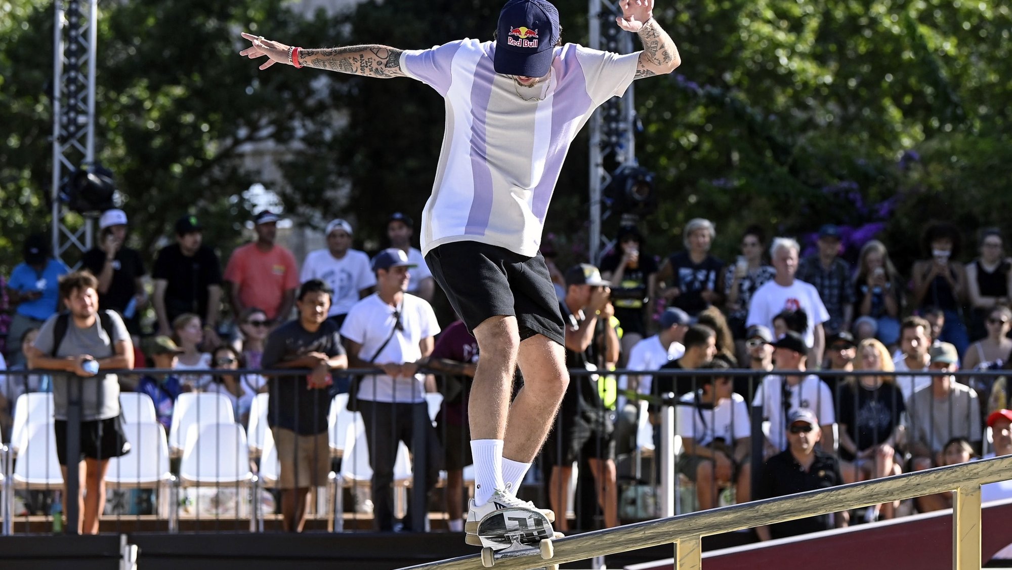 epa10041996 Athletes skate at a practice session during the World Street Skateboarding event in Rome, Italy, 29 June 2022.  EPA/Riccardo Antimiani