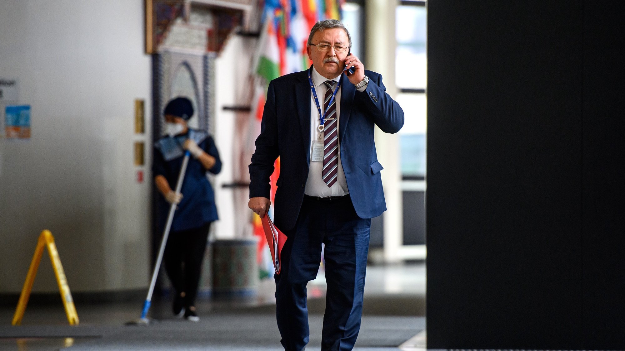 epa09807014 Russia&#039;s Governor to the International Atomic Energy Agency (IAEA), Mikhail Ulyanov arrives for a IAEA Board of Governors meeting at the IAEA headquarters of the UN seat in Vienna, Austria, 07 March 2022.  EPA/CHRISTIAN BRUNA