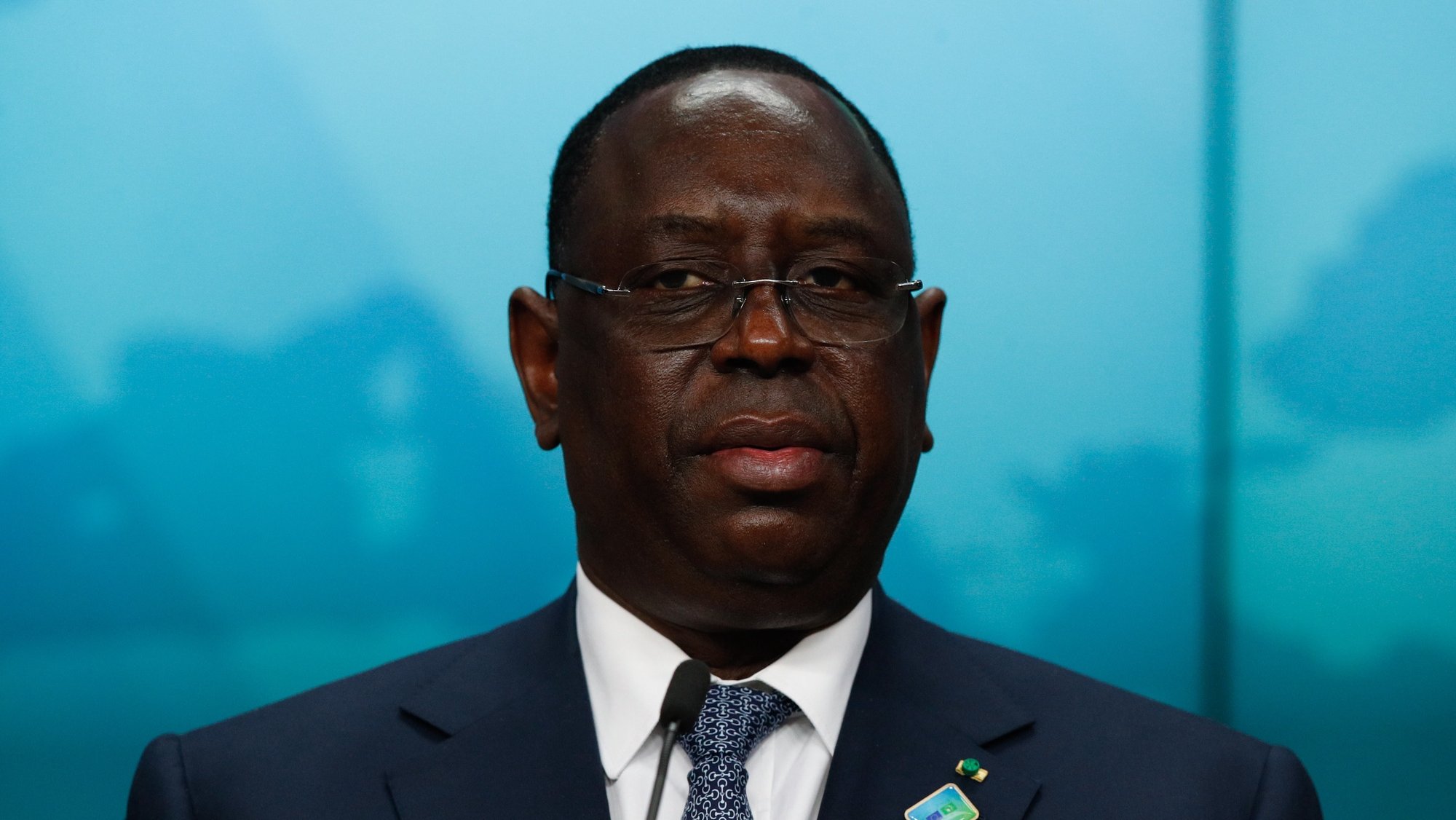 epa09768844 Senegal&#039;s President Macky Sall gives a statement about Covid-19 vaccination during an European Union - African Union summit in Brussels, Belgium, 18 February 2022.  EPA/JOHANNA GERON / POOL