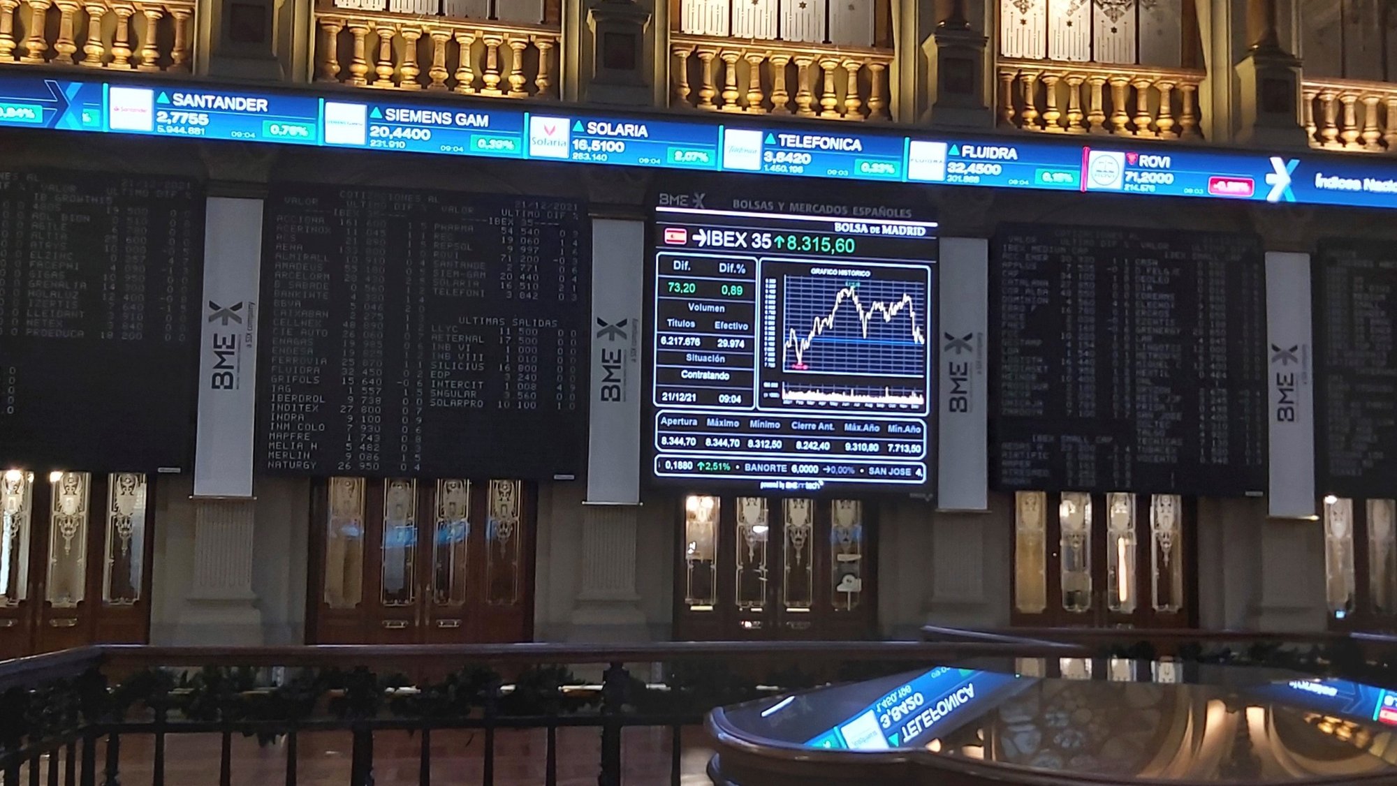 epa09652207 General view of the Spanish Stock Exchange of Madrid, Spain, 21 December 2021. The Spanish Stock Market rose 1.20 percent until the 8,300 points after opening.  EPA/ALTEA TEJIDO