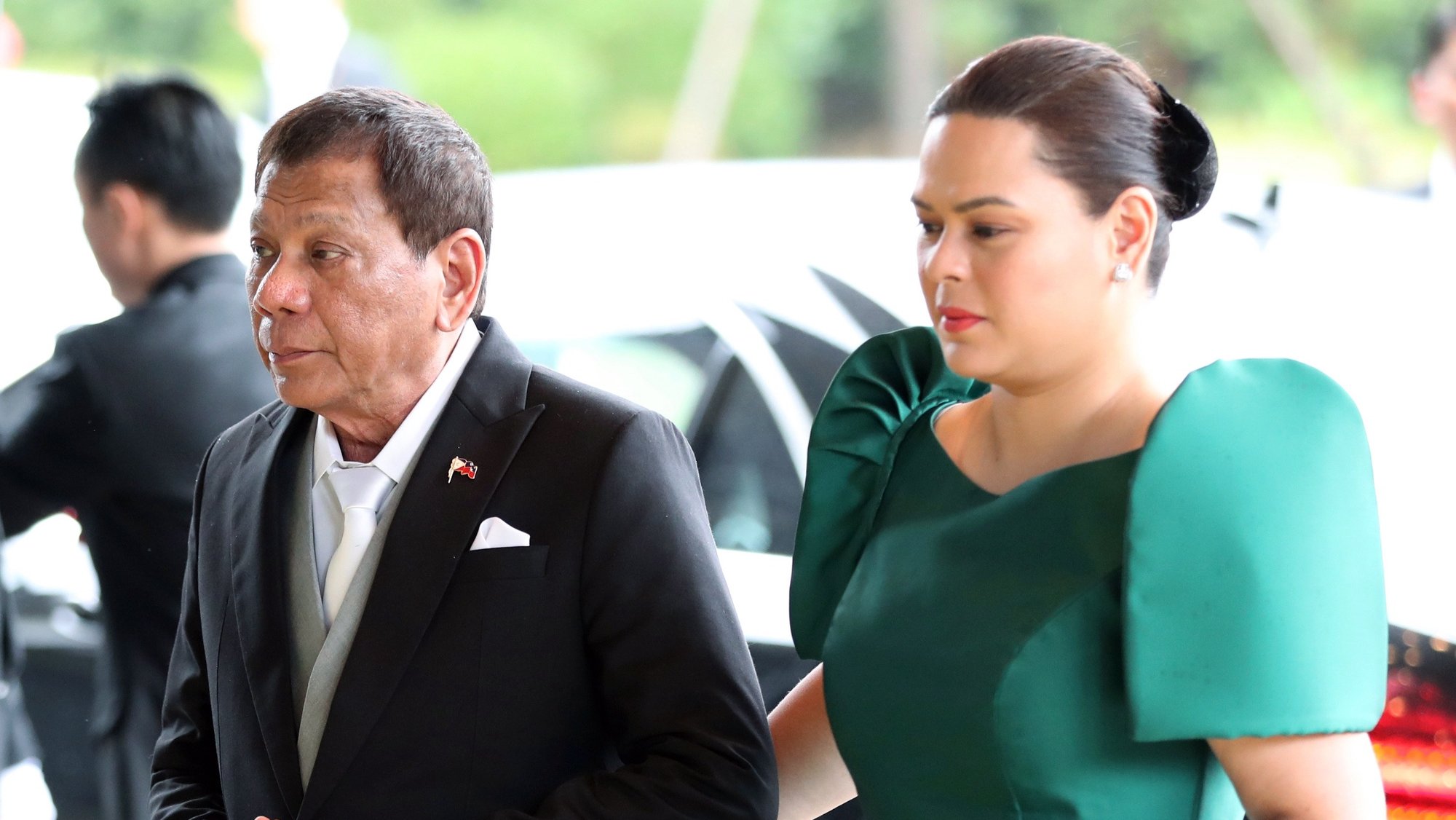epa07939677 Philippine President Rodrigo Duterte (L) and his daughter Sara Duterte arrive at the Imperial Palace in Tokyo, Japan, 22 October 2019. Some 2,000 guests from Japan and over 180 countries are attending the enthronement ceremony.  EPA/JIJI PRESS JAPAN OUT EDITORIAL USE ONLY/  NO ARCHIVES