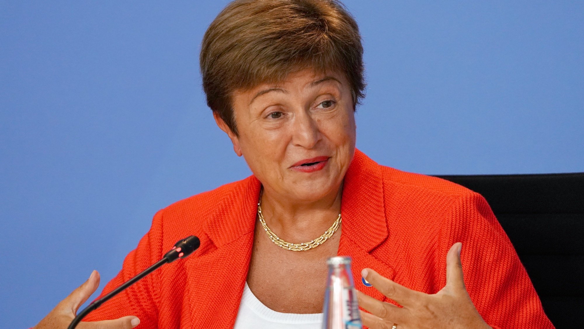 A diretora executiva do Fundo Monetário Internacional, Kristalina Georgieva, numa conferência de imprensa em Berlim, na Alemanha. 26 de agosto de 2021