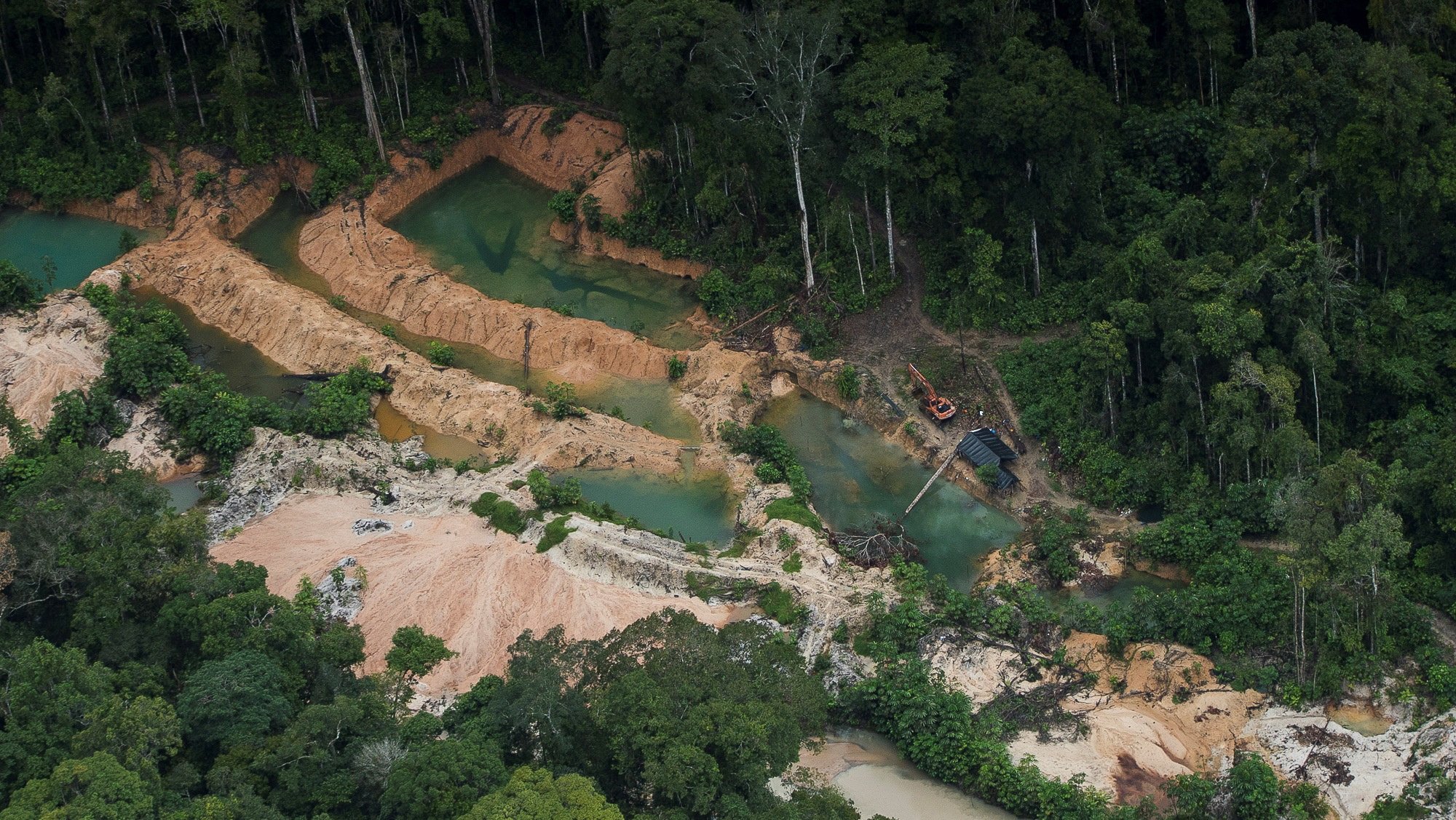 Uma imagem mostram a atividade mineira no Parque Nacional Jamnxim, no Estado de Para, Brasil