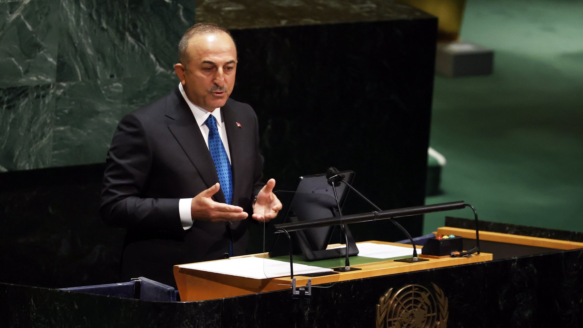 epa09215356 Turkish Foreign Minister Mevlut Cavusoglu addresses the United Nations General Assembly on the situation in the Middle East, including the Palestinian question, at United Nations Headquarters in New York, New York, USA, 20 May 2021.  EPA/JASON SZENES