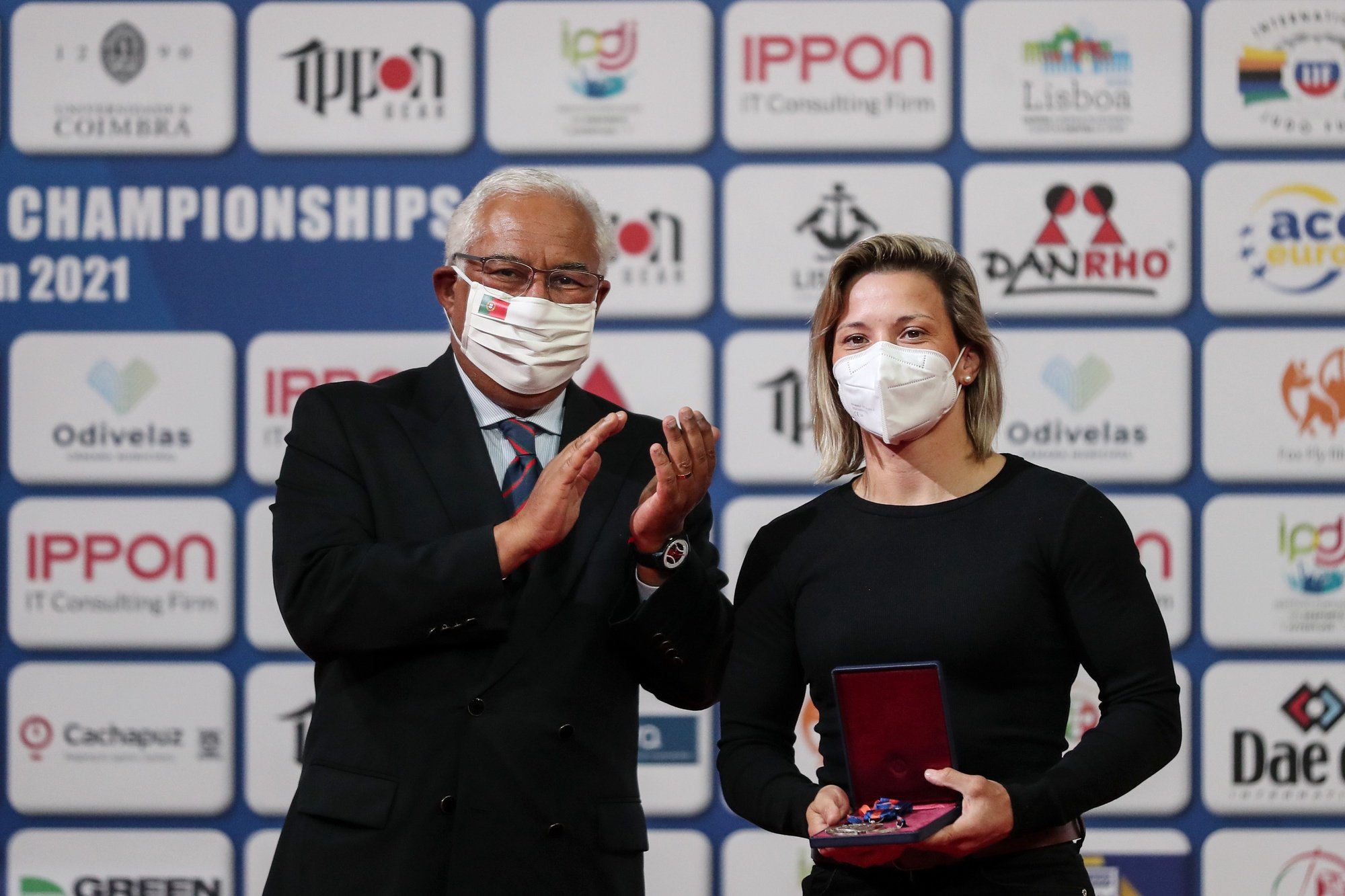 Telma Monteiro (R) of Portugal, winner of the gold medal in yesterday`s competition in the women&#039;s -57Kg category, flanked by the Portuguese Prime-minister, António Costa, receives the &quot;Medal of Honor of Sports Merit&quot; delivered at the European Judo Championships in Lisbon, Portugal, 17 April 2021. NUNO VEIGA/LUSA