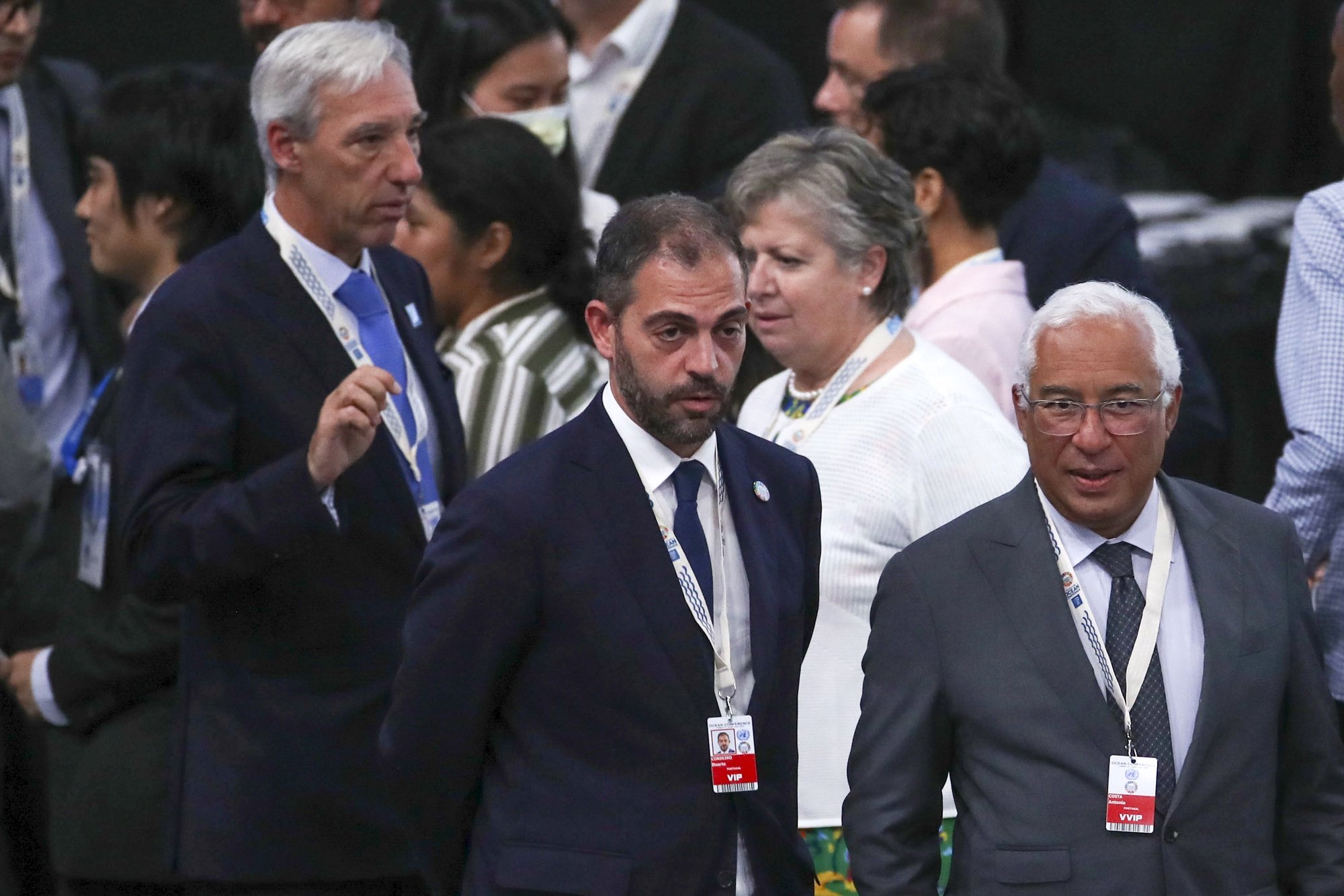 Portuguese Prime Minister Antonio Costa (R), the Minister of Foreign Affairs Joao Gomes Cravinho (L), and the Minister of Environment and Climate Action Duarte Caldeira (C), during the last day of UN Ocean Conference in Lisbon, Portugal, 01 July 2022. ANTONIO COTRIM/LUSA