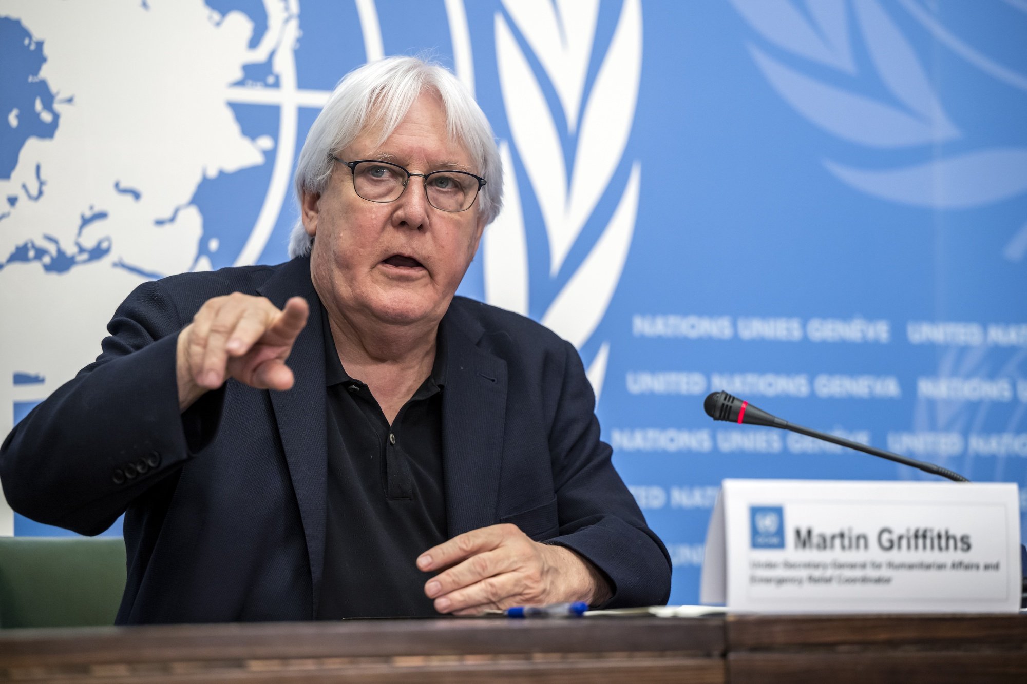epa09957975 Martin Griffiths, Under-Secretary-General for Humanitarian Affairs and Emergency Relief Coordinator (OCHA), speaks about the recent mission to Kenya to highlight the humanitarian situation in the Horn of Africa, and other current humanitarian crises, during a press conference at the European headquarters of the United Nations in Geneva, Switzerland, 19 May 2022.  EPA/MARTIAL TREZZINI