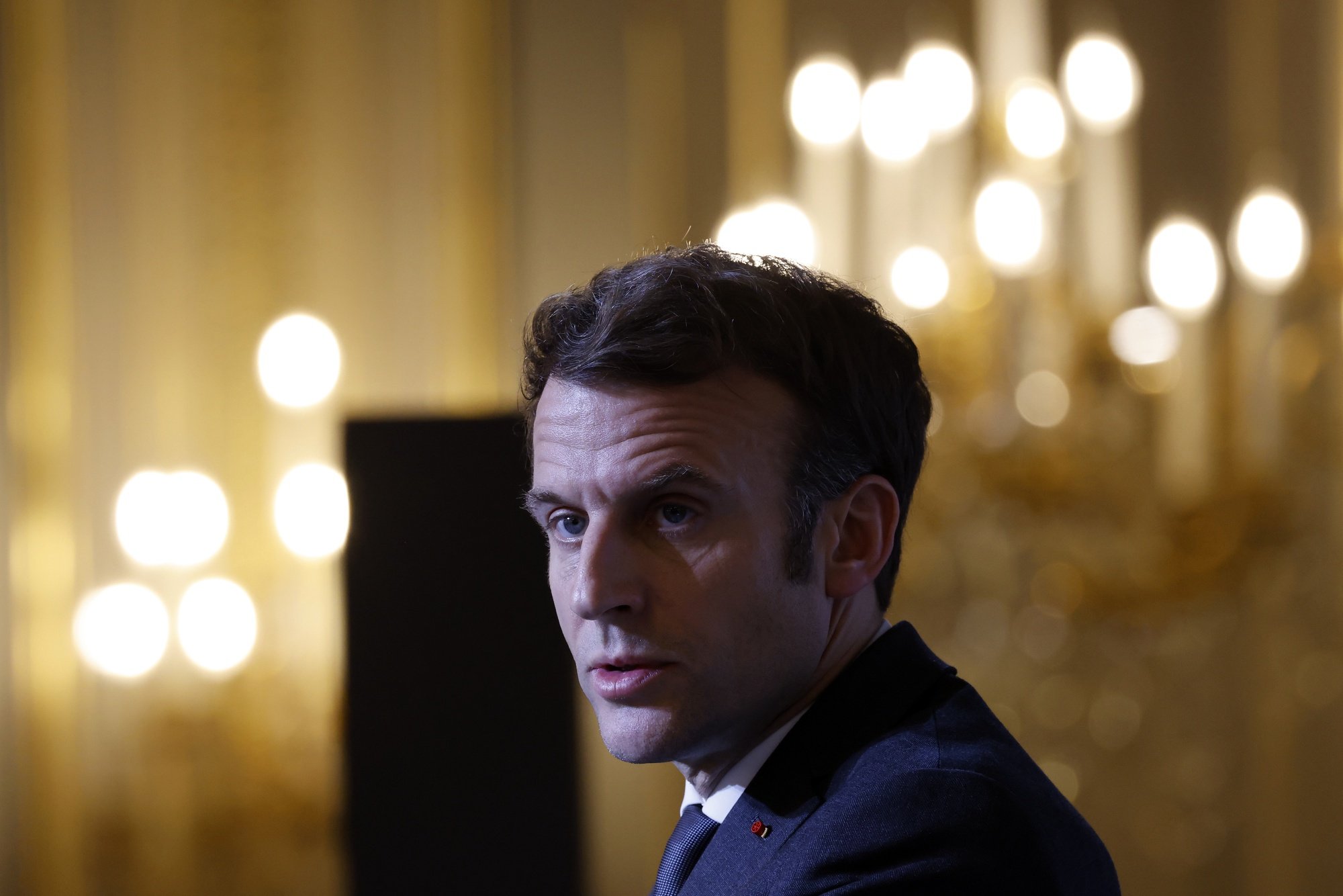 epa09710633 French President Emmanuel Macron delivers a speech during a meeting with representatives of families of 1962 repatriates from Algeria at the Elysee palace in Paris, France, 26 January 2022. The trauma of the Algerian War has poisoned French politics for the past 60 years. Macron, France&#039;s first leader born after the colonial era, has made a priority of reckoning with its past and forging a new relationship with former colonies.  EPA/LUDOVIC MARIN / POOL  MAXPPP OUT