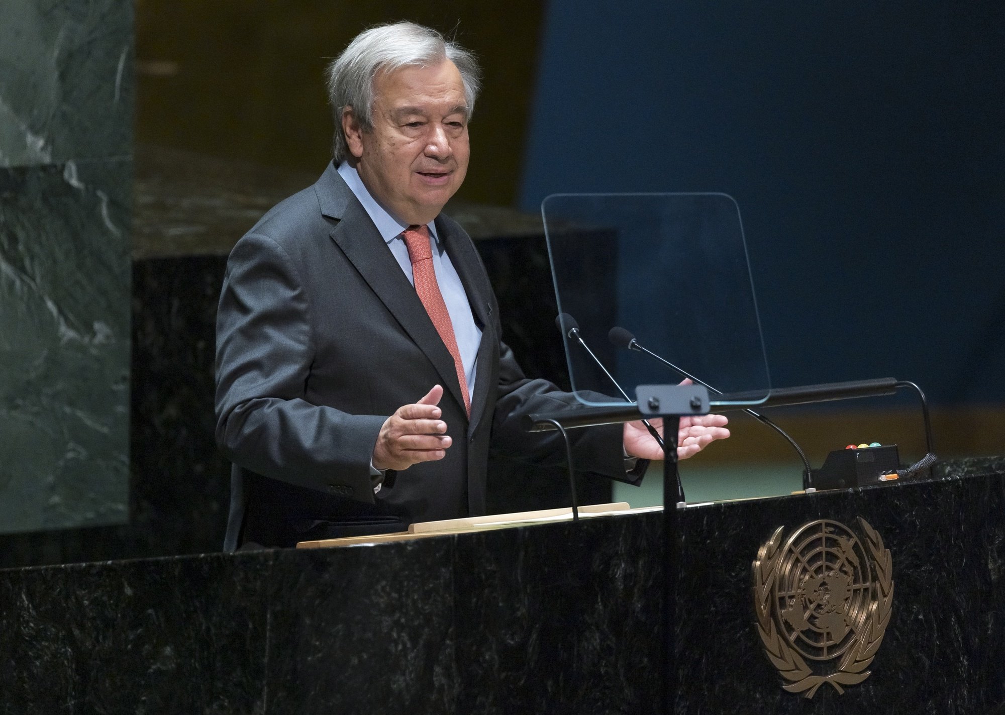 epa10101610 United Nations Secretary-General Antonio Guterres addresses the Tenth Review Conference of the Parties to the Treaty on the Non-Proliferation of Nuclear Weapons (NPT) at United Nations headquarters in New York, New York, USA, 01 August 2022. The NPT is an international treaty intended to prevent the spread of nuclear weapons and promote the safety of nuclear energy, with the long term objective of achieving complete disarmament.  EPA/JUSTIN LANE