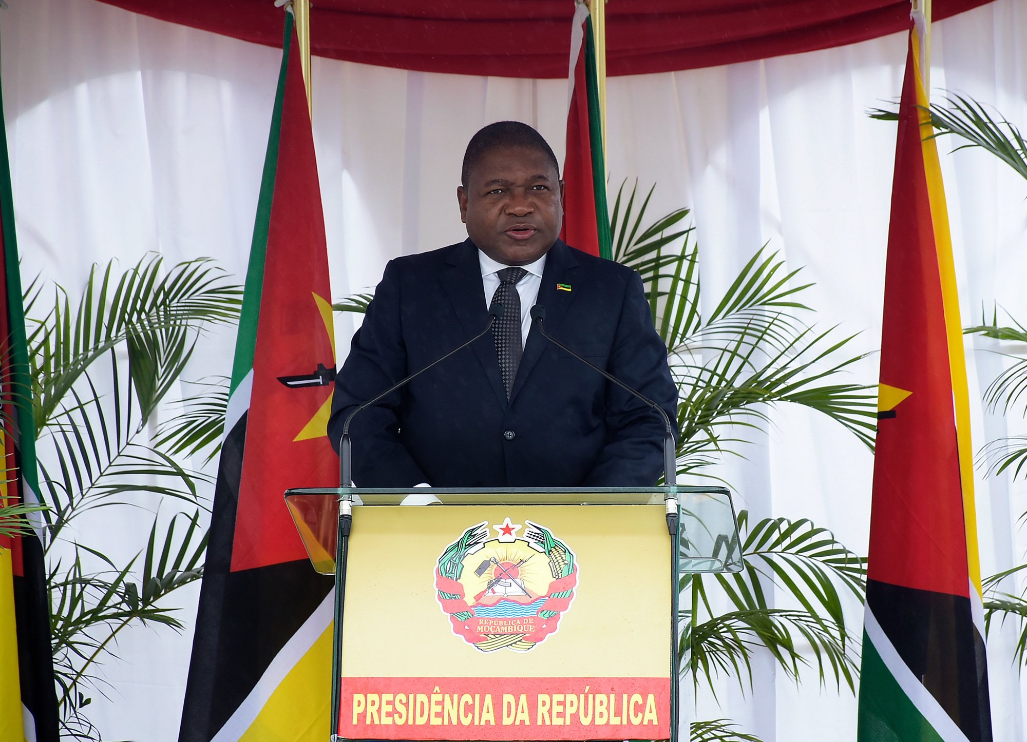 O Presidente da República de Moçambique, Filipe Nyusi, discursa durante as cerimónias de comemoração do Dia dos Heróis Nacionais, em Maputo, Moçambique, 03 de fevereiro 2021. PRESIDÊNCIA DA REPÚBLICA DE MOÇAMBIQUE/LUSA