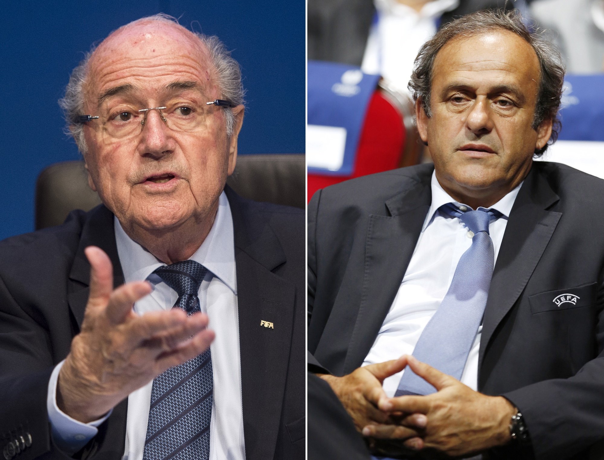 epa09559441 (FILE) - A composite file picture of FIFA president Joseph &#039;Sepp&#039; Blatter (taken on 30 May 2015 in Zurich, Switzerland) and UEFA president Michel Platini (taken on 29 August 2014 in Monaco, re-issued on 02 November 2021). Former FIFA officials Sepp Blatter and Michel Platini have been charged with fraud in Switzerland over a controversial 1.58 million euro payment, Swiss federal prosecutors confirmed on 02 November 2021.  EPA/ENNIO LEANZA - SEBASTIEN NOGIER *** Local Caption *** 52480895
