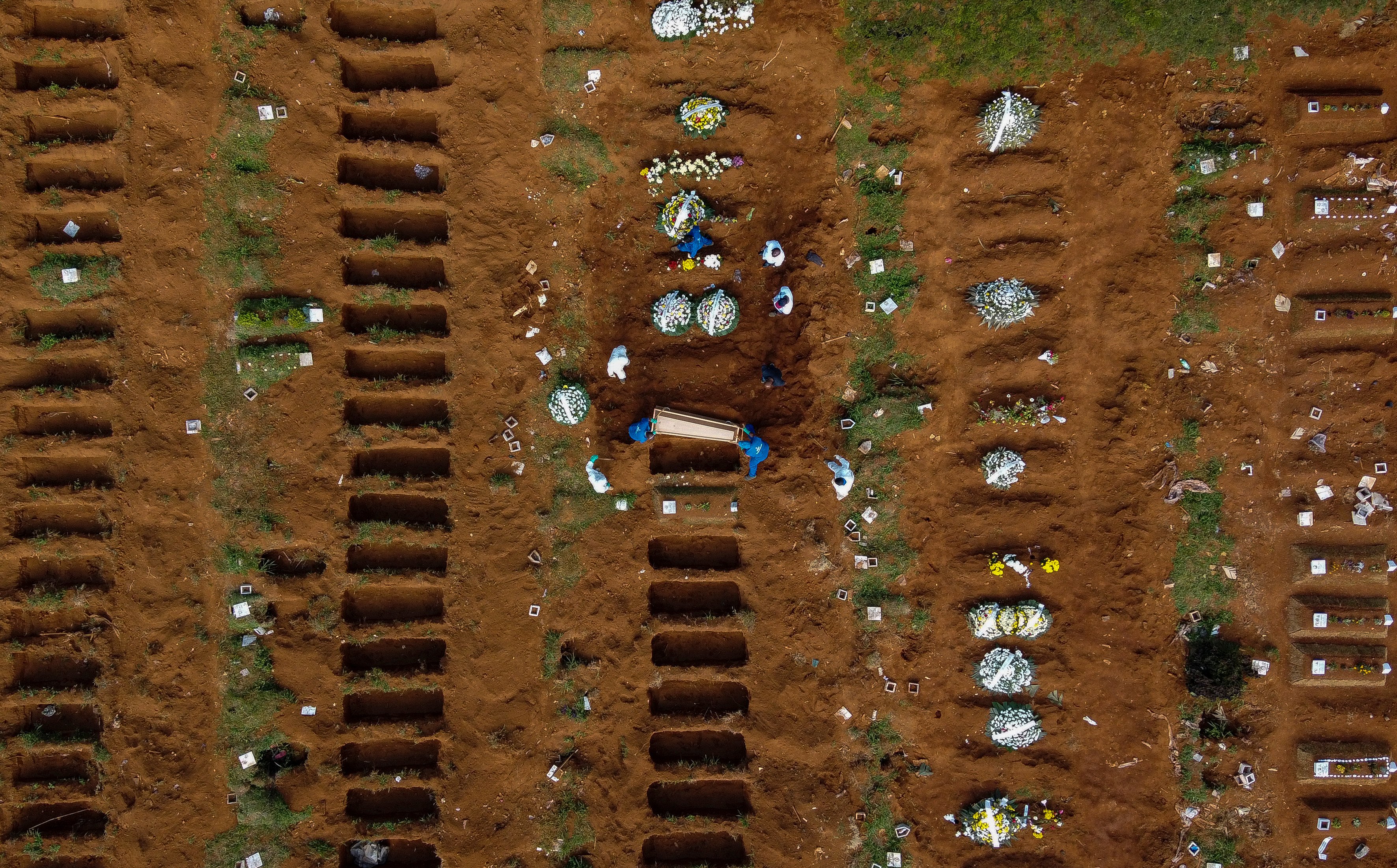 Aerial View of Vila Formosa Cemetery During a Burial of a Coronavirus (COVID -19) Pandemic Victim
