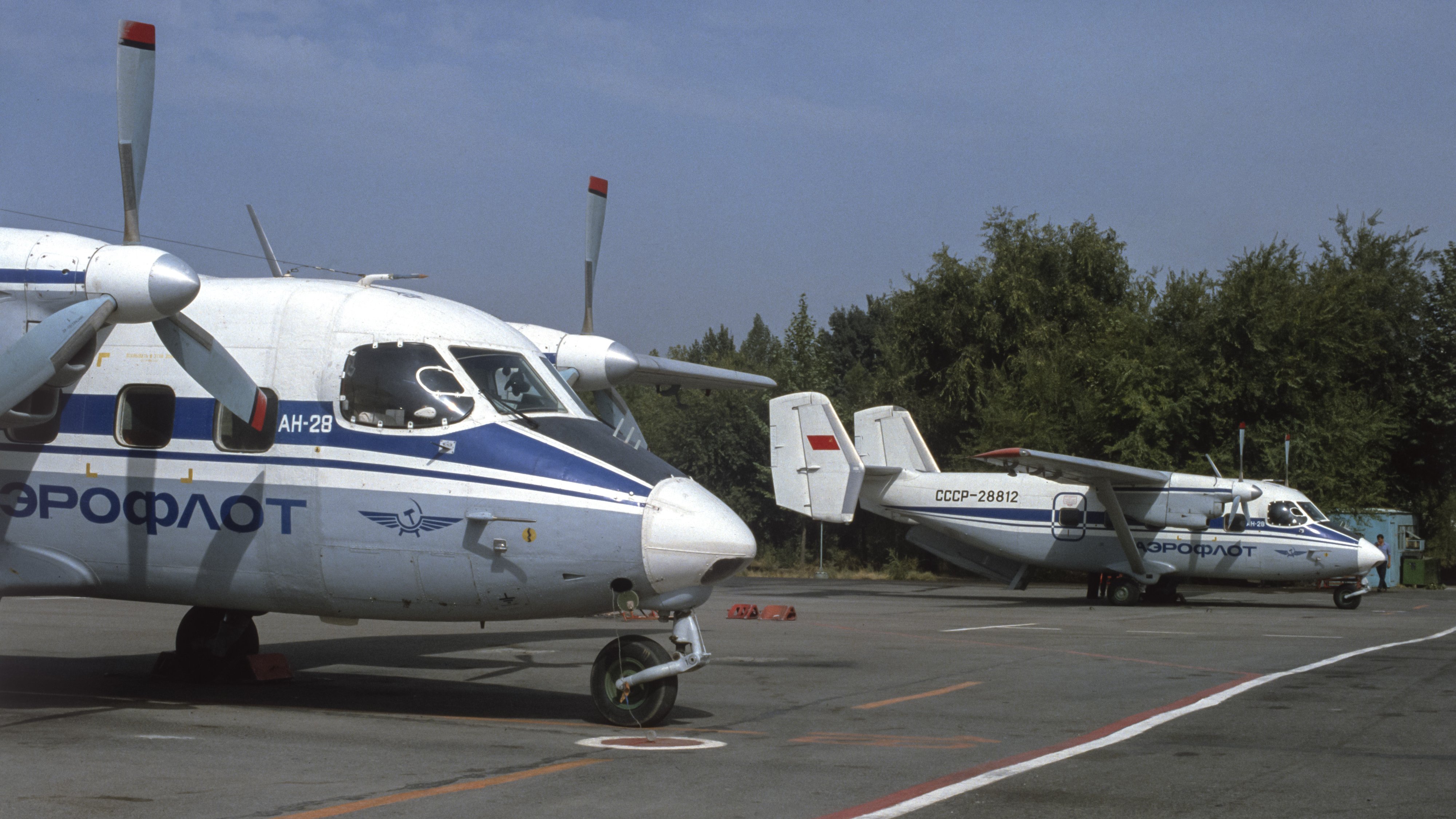 Two Antonov An-28 regional airplanes of Aeroflot Soviet Airlines pictured at Khorog airport