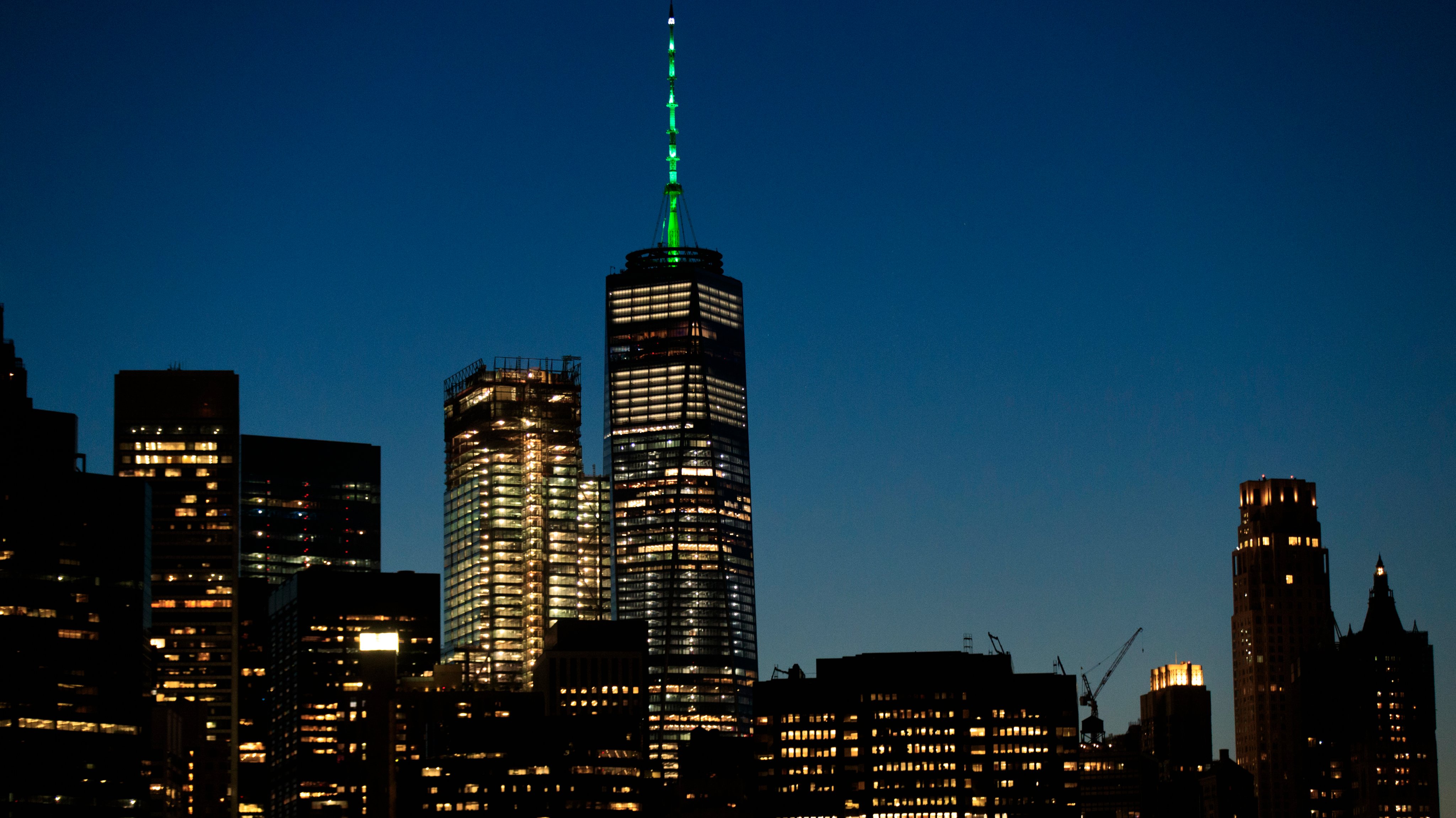 NYC&#039;s One World Trade Illuminated In Green In Support Of Paris Climate Accord
