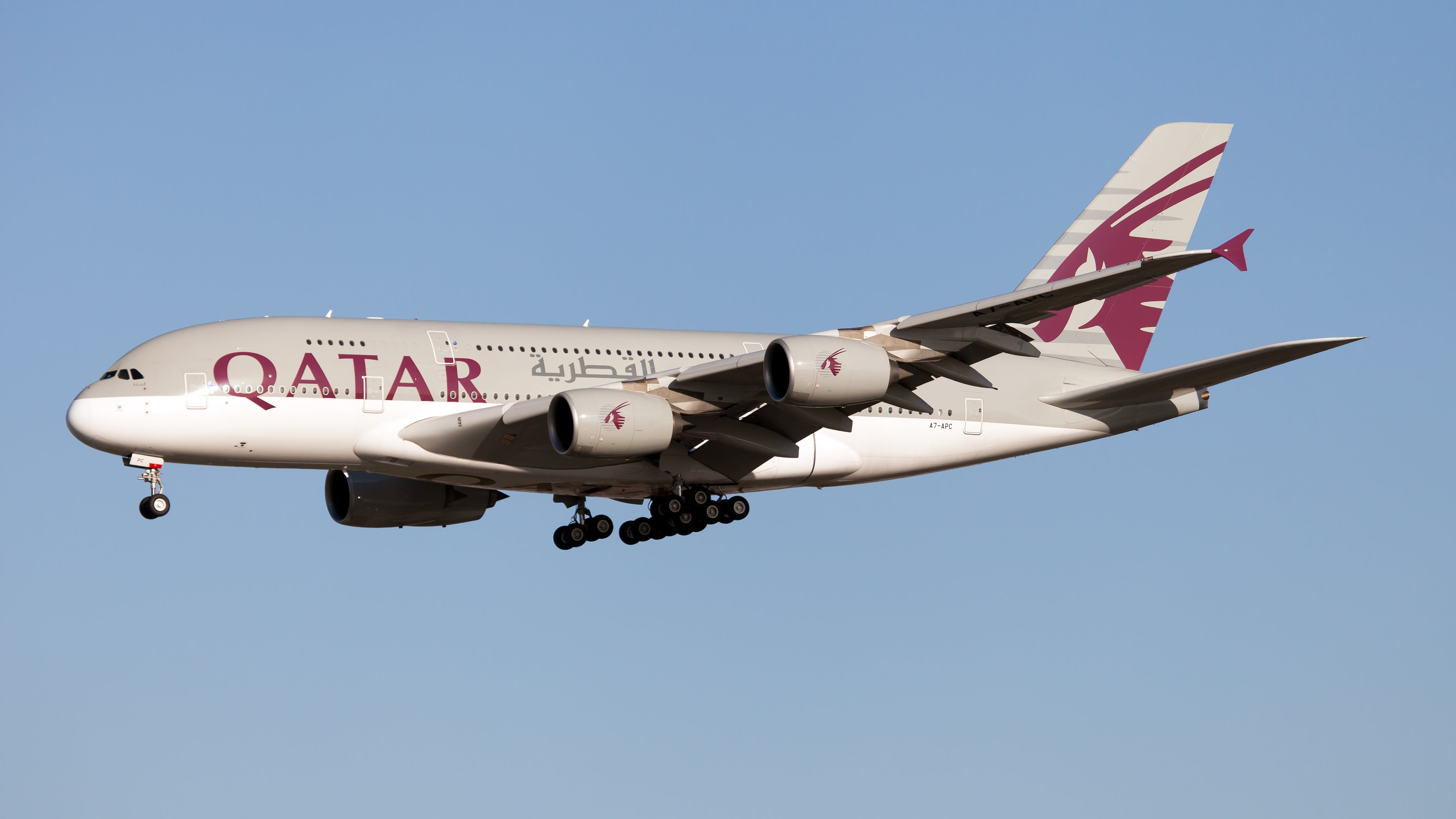 A Qatar Airways Airbus 380 lands at London Heathrow airport