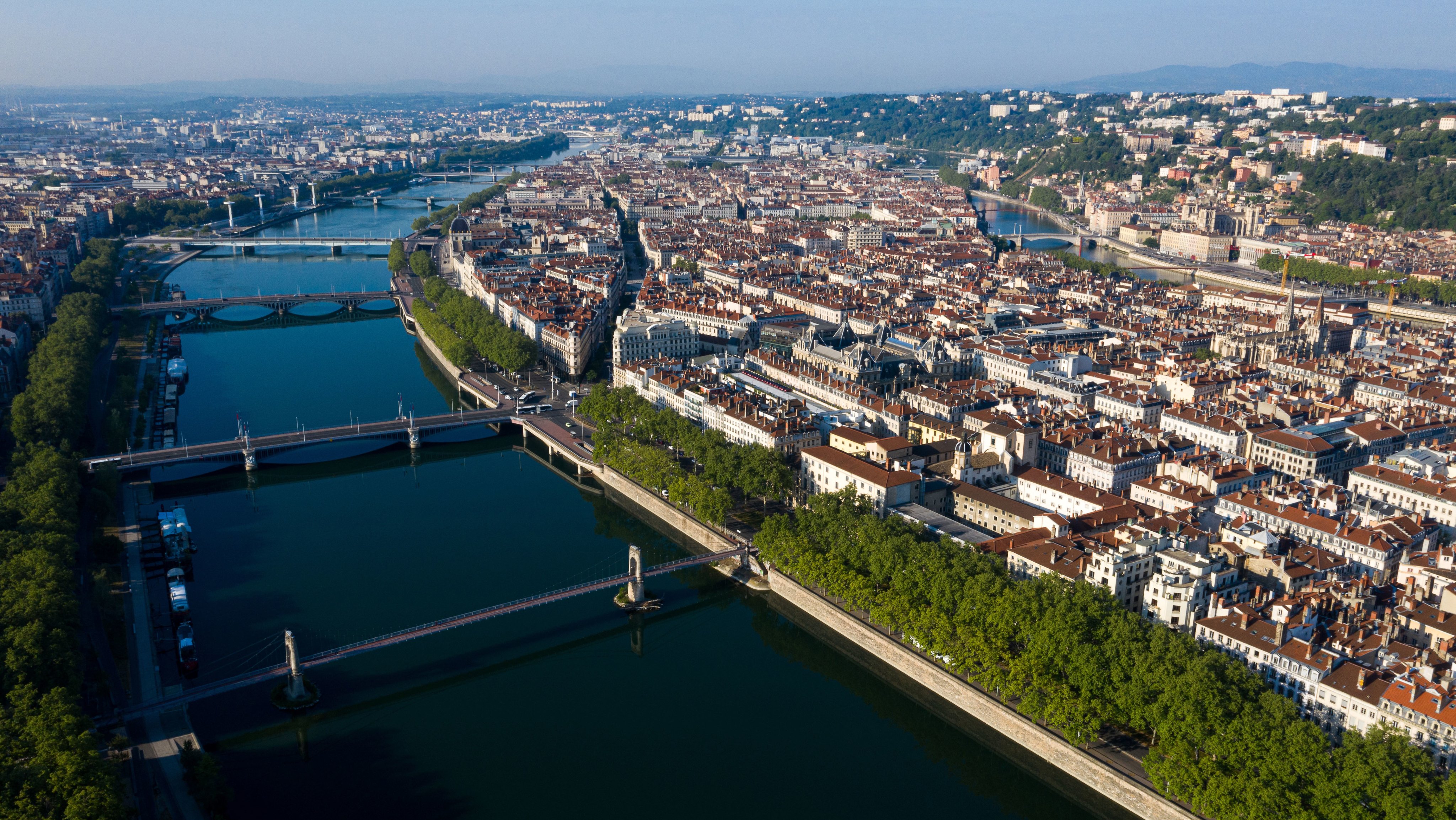 Lyon (central-eastern France): aerial view of the banks of the River Rhone and the peninsula