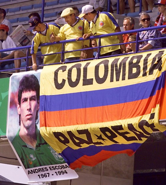 MONTPELLIER, FRANCE:  Colombian supporters display a banner in memory of Andres Escobar, who was murdered in Medellin after a row over his own-goal in the 2-1 first round defeat by the United States in 1994, on the stands of Stade de la Mosson in Montpellier, southern France 22 June, before the 1998 Soccer World Cup group G first round match between Colombia and Tunisia. (ELECTRONIC IMAGE) (Photo credit should read OMAR TORRES/AFP/Getty Images)