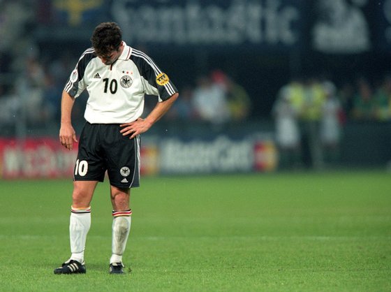 20 Jun 2000:  Lothar Matthaus hangs his head at the end of his last game for Germany, the European Championships 2000 group match against Portugal at the De Kuip Stadium in Rotterdam, Holland.  Portugal won the match 3-0.  Mandatory Credit: Ben Radford /Allsport