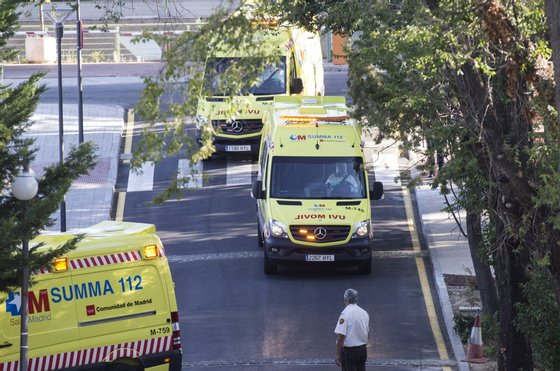 Ambulances carrying Roman Catholic priest Miguel Pajares, who contracted the deadly Ebola virus, and Spanish nun Juliana Bonoha Bohe arrive at the Carlos III hospital in Madrid on August 7, 2014. An elderly Spanish missionary infected with the deadly Ebola virus in Liberia landed in Madrid today, the first patient in the fast-spreading outbreak to be evacuated to Europe for treatment.  AFP PHOTO / OSCAR DEL POZO        (Photo credit should read OSCAR DEL POZO/AFP/Getty Images)