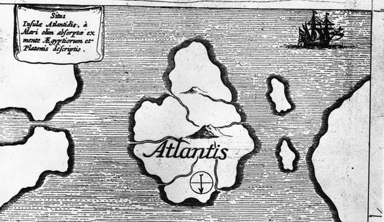 Circa 1600, An illustration from an old book published in Germany entitled, 'Land Sila and Air' showing a map of the island of Atlantis. (Photo by Fox Photos/Getty Images)