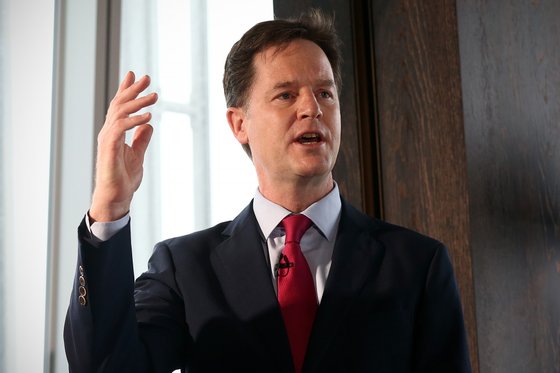 LONDON, ENGLAND - FEBRUARY 05:  Liberal Democrat leader and deputy Prime Minister, Nick Clegg, gestures during a press conference with Chief Secretary to the Treasury, Danny Alexander (not pictured), at the Shangri-La Hotel on February 5, 2015 in London, England. The pair laid out the Liberal Democrats fiscal plans for the next Parliament.  (Photo by Carl Court/Getty Images)