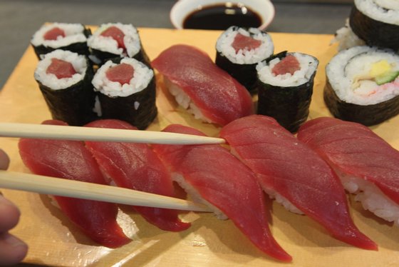 BERLIN - NOVEMBER 23:  Sushi from yellowfin, or maguro, tuna lies on a customer's plate at a sushi restaurant on November 23, 2010 in Berlin, Germany. Yellowfin tuna is mostly fished in the Atlantic and is among the cheaper and more plentiful varieties of tuna.  (Photo by Sean Gallup/Getty Images)