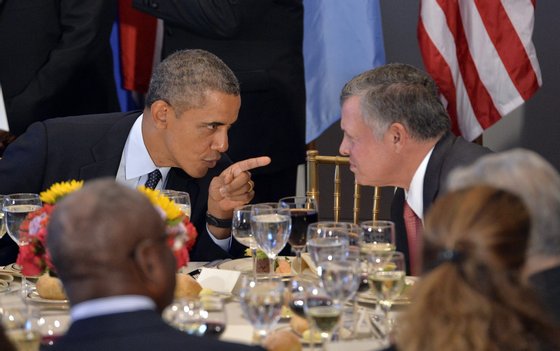 US President Barack Obama (L) chats with Jordan's King Abdullah II during a luncheon hosted by UN Secretary General Ban Ki-Moon on the sideline of the 68th United Nations General Assembly at the UN in New York on September 24, 2013. Obama on demanded that the world take action on Syria, saying that the regime must face consequences after the use of chemical weapons. Speaking before the UN General Assembly, Obama defended his threat of force against Syrian President Bashar al-Assad's regime and denounced critics who accuse the United States of inconsistency. AFP Photo/Jewel Samad        (Photo credit should read JEWEL SAMAD/AFP/Getty Images)