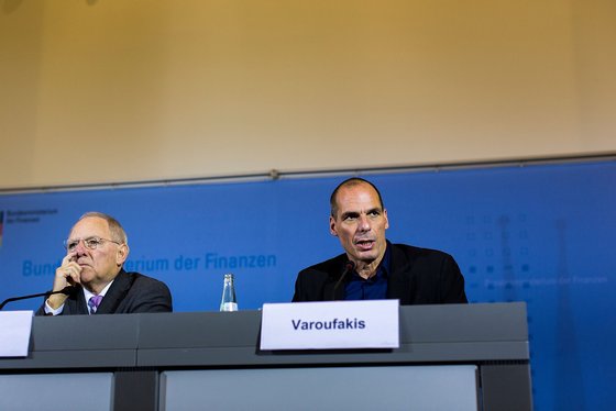 BERLIN, GERMANY - FEBRUARY 05:  New Greek Finance Minister Yanis Varoufakis (R) and German Finance Minister Wolfgang Schaeuble speak to the media following talks on February 5, 2015 in Berlin, Germany. Varoufakis is touring several European cities and yesterday met with Mario Draghi at the European Central Bank following announcements by the new Greek government to sharply alter its relationship with the troika of loan-giving entities.  (Photo by Carsten Koall/Getty Images)