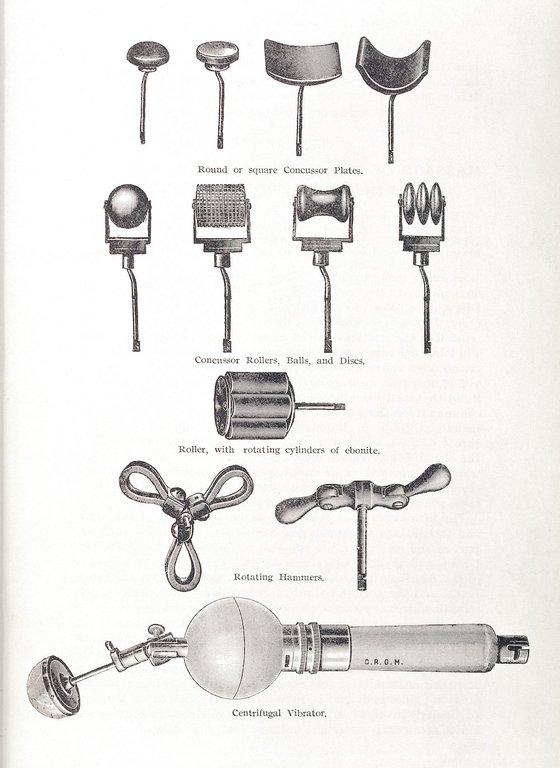 L0034214 Illustration showing various instruments Credit: Wellcome Library, London. Wellcome Images images@wellcome.ac.uk http://wellcomeimages.org Illustration showing various instruments used in vibratory massage. Round or square Concussor Plates, Concussor Rollers, Balls and Discs, Roller with rotating cylinders and ebonite, Rotating hammers and Centrifugal Vibrator Illustration Lectures on Massage & Elecricity in the Treatment of Disease Thomas Stretch Dowse Published: 1906 Copyrighted work available under Creative Commons Attribution only licence CC BY 4.0 http://creativecommons.org/licenses/by/4.0/