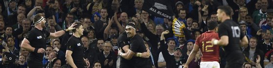 New Zealand's flanker Jerome Kaino (C) celebrates after scoring his team's fifth try during a quarter final match of the 2015 Rugby World Cup between New Zealand and France at the Millennium Stadium in Cardiff, south Wales, on October 17, 2015. AFP PHOTO / DAMIEN MEYER RESTRICTED TO EDITORIAL USE, NO USE IN LIVE MATCH TRACKING SERVICES, TO BE USED AS NON-SEQUENTIAL STILLS (Photo credit should read DAMIEN MEYER/AFP/Getty Images)
