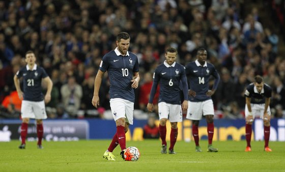 France's forward Andre-Pierre Gignac (2nd L) gestures after conceding a goal during the friendly football match between England and France at Wembley Stadium in west London on November 17, 2015. AFP PHOTO / IAN KINGTON NOT FOR MARKETING OR ADVERTISING USE / RESTRICTED TO EDITORIAL USE (Photo credit should read IAN KINGTON/AFP/Getty Images)