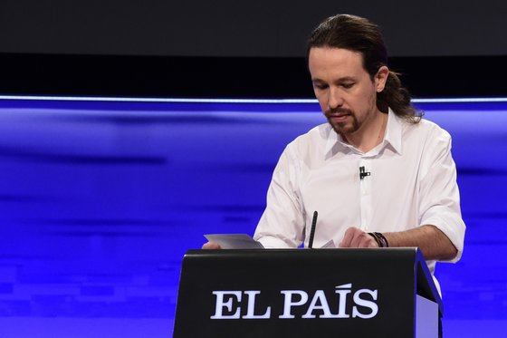 Leader of left wing party Podemos Pablo Iglesias waits for the start of a debate organized by Spanish newspaper El Pais at the F4 Studios at Boadilla del Monte, near Madrid ahead of the Spanish general elections held on December 20, on November 30, 2015. AFP PHOTO/ JAVIER SORIANO / AFP / JAVIER SORIANO (Photo credit should read JAVIER SORIANO/AFP/Getty Images)